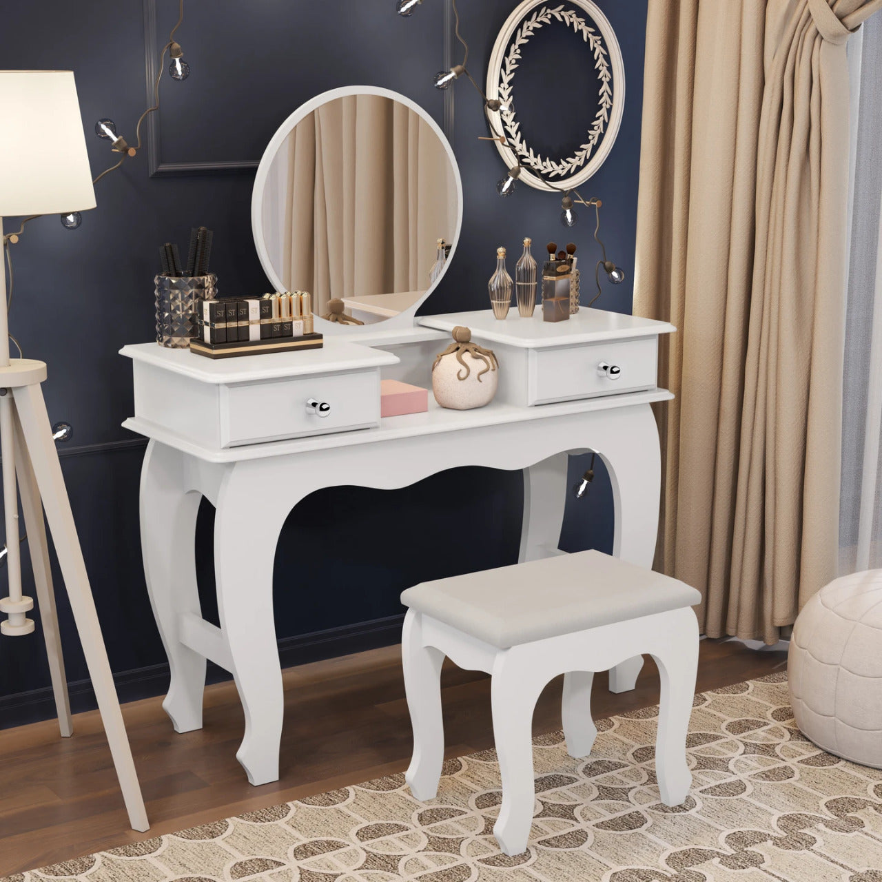 Makeup Vanity: Lana Vanity Set with bench, Circular Mirror and 02 drawers