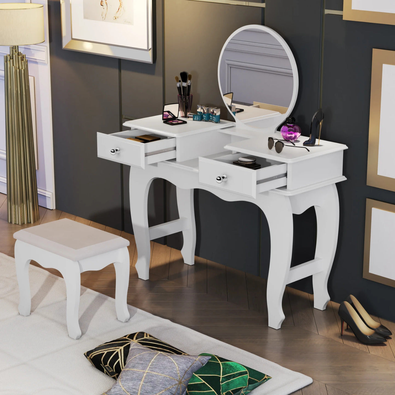 Makeup Vanity: Lana Vanity Set with bench, Circular Mirror and 02 drawers