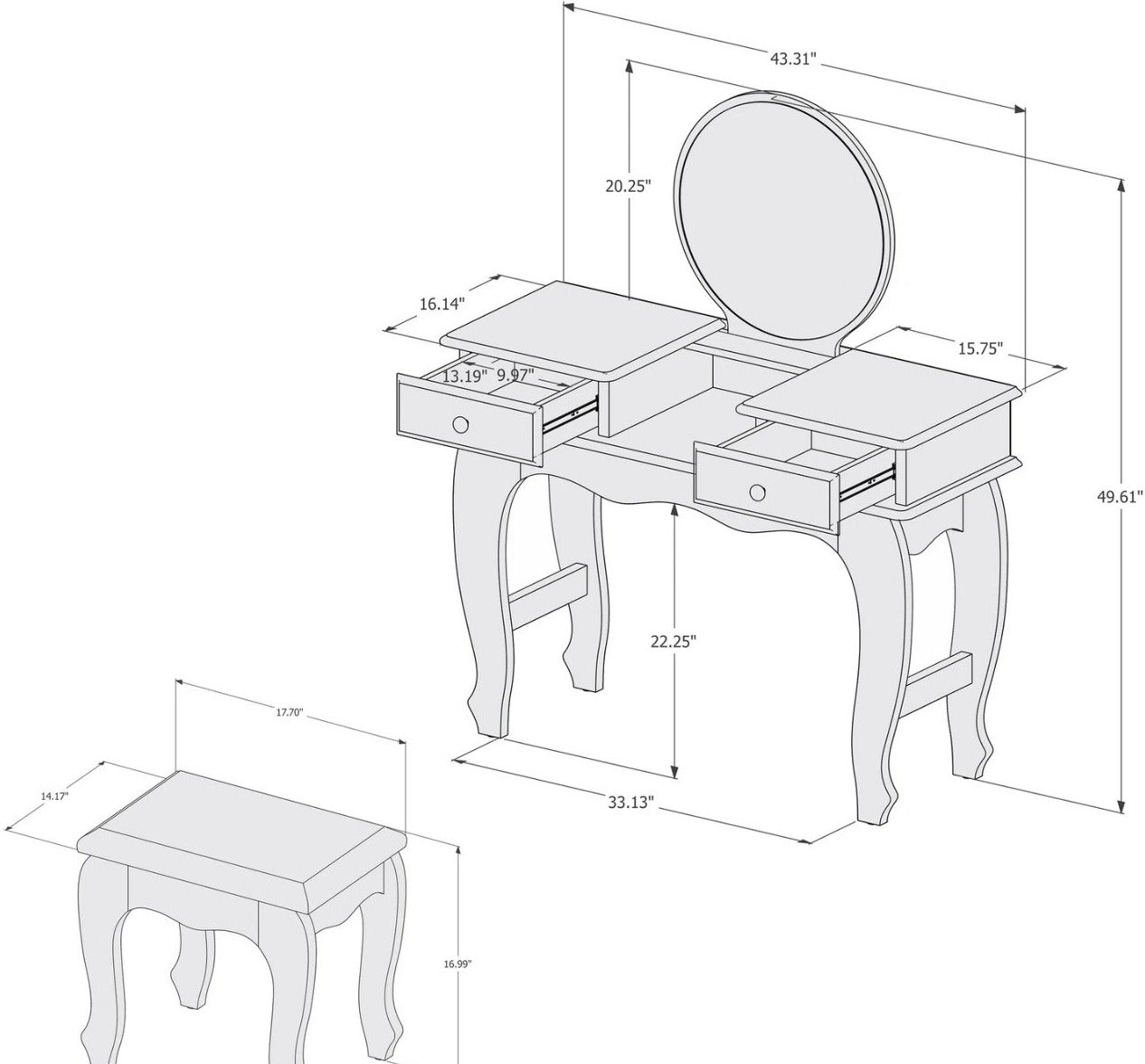 Makeup Vanity: Lana Vanity Set with bench, Circular Mirror and 02 drawers