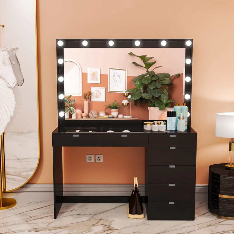 Makeup Vanity: Lighted Vanity with Glass Top Dressing Table