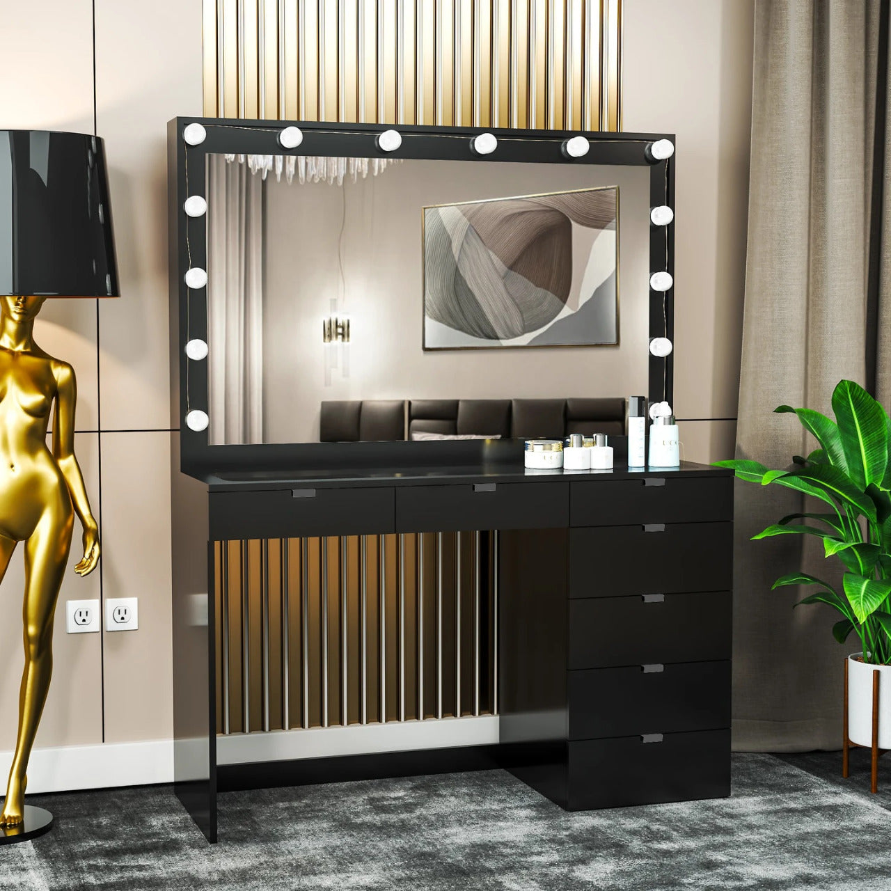 Makeup Vanity: Lighted Vanity with Glass Top Dressing Table