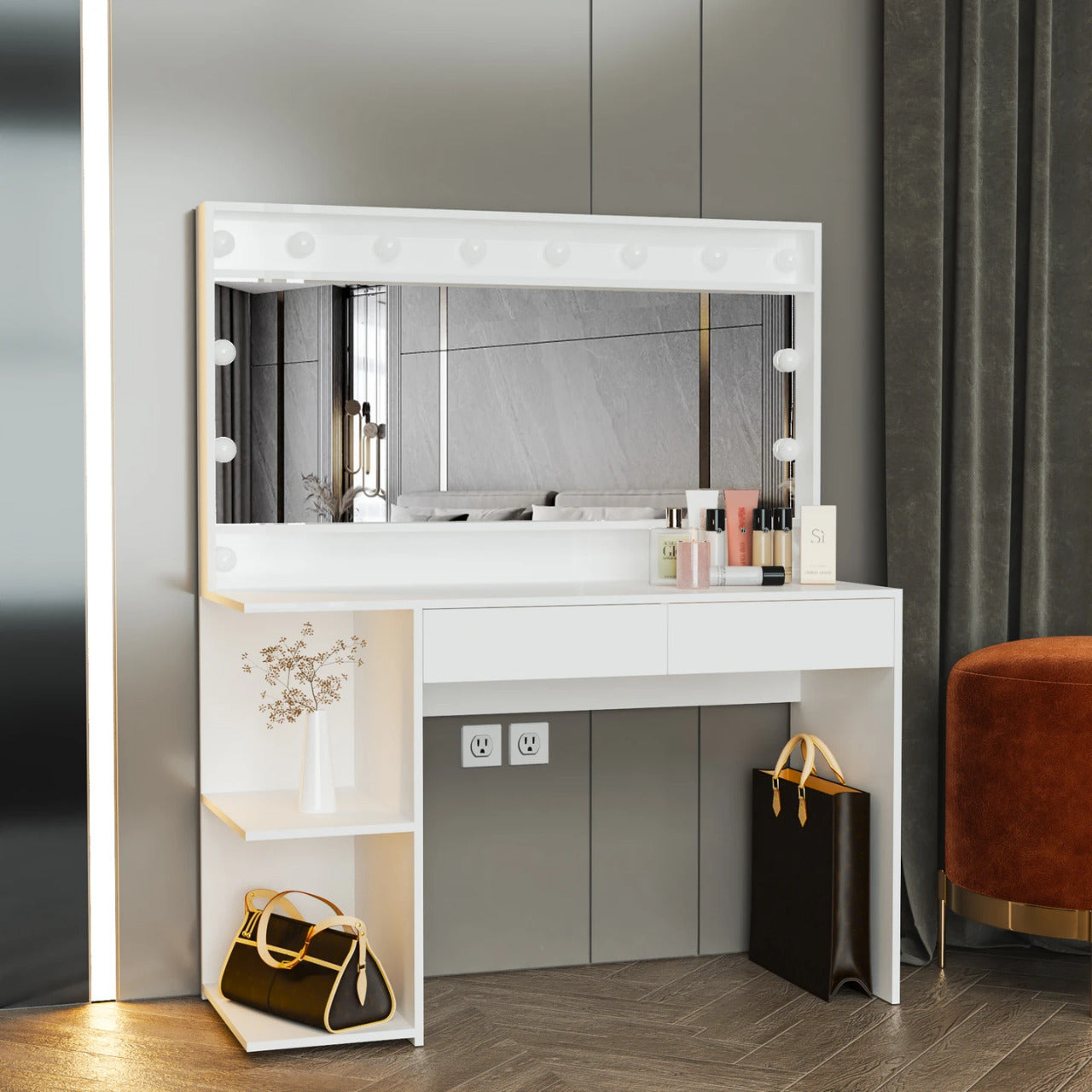 Makeup Vanity: Modern White Dressing Table with Light Bulbs