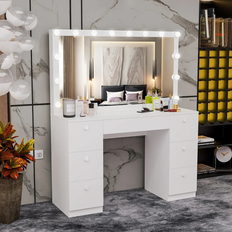 dressing table white modern Modern Makeup Vanity Set with LED Lighted Mirror, 5 Drawers, Sintered Stone Easy to Clean, Stool for Bedroom