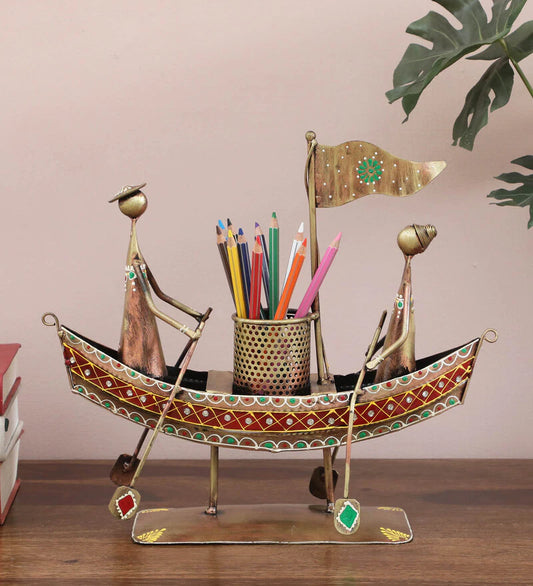 Pen Stand : Metal Multicolour Hand Painted Boat Pen Stand