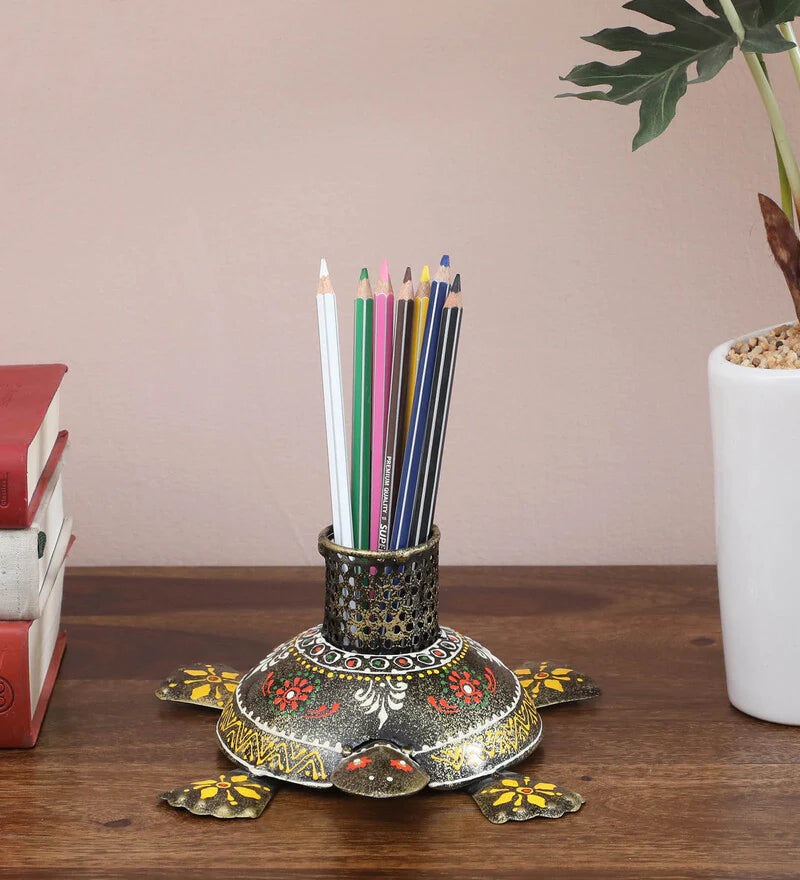 Pen Stand : Metal Multicolour Hand Painted Tortoise Pen Stand