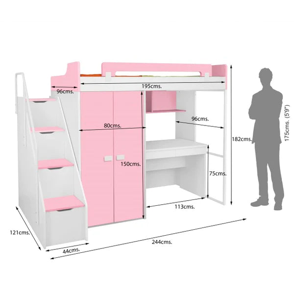 Bunk Beds:- Kids Midsleeper Bunk Bed with Wardrobe With Study Table Kids Furniture