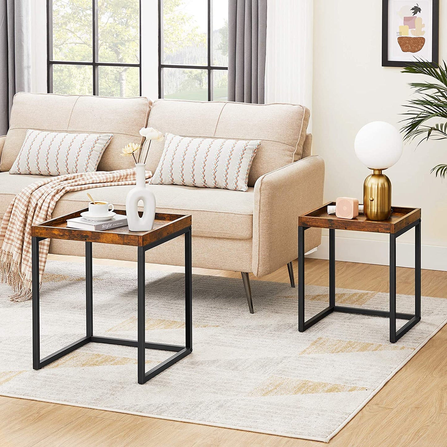 Nest Of Set of 2 Side Tables, End Tables with Raised Edges, Coffee Tables for Living Room, Industrial Rustic Brown and Black