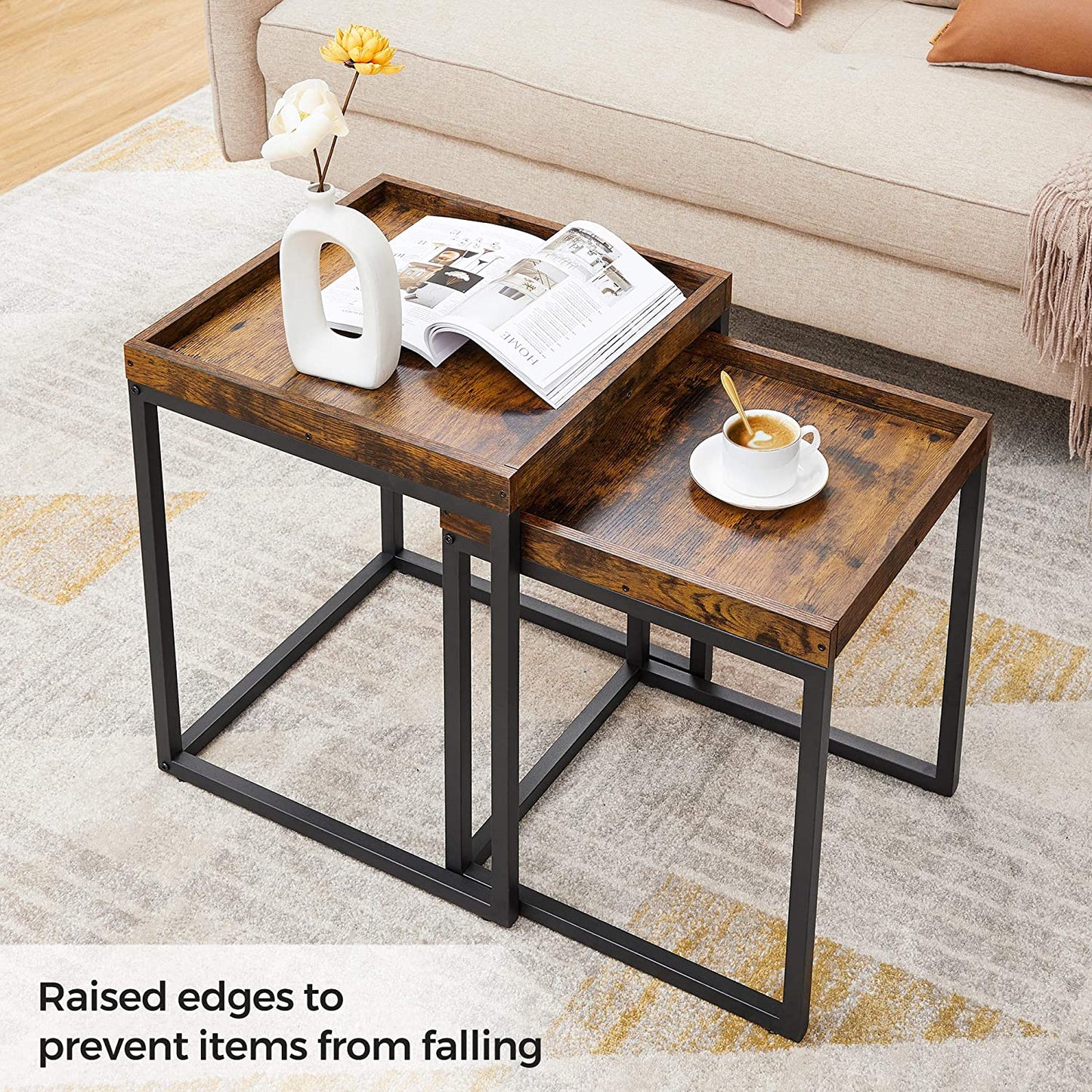 Nest Of Set of 2 Side Tables, End Tables with Raised Edges, Coffee Tables for Living Room, Industrial Rustic Brown and Black