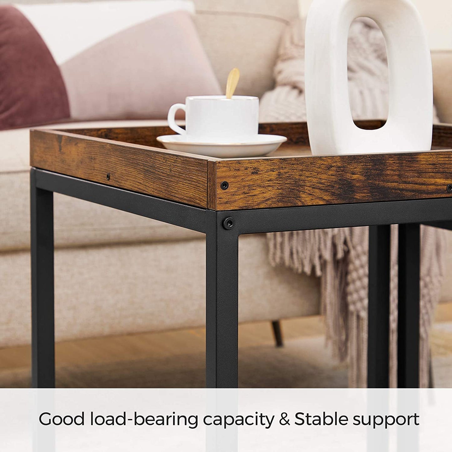 Nest Of Set of 2 Side Tables, End Tables with Raised Edges, Coffee Tables for Living Room, Industrial Rustic Brown and Black