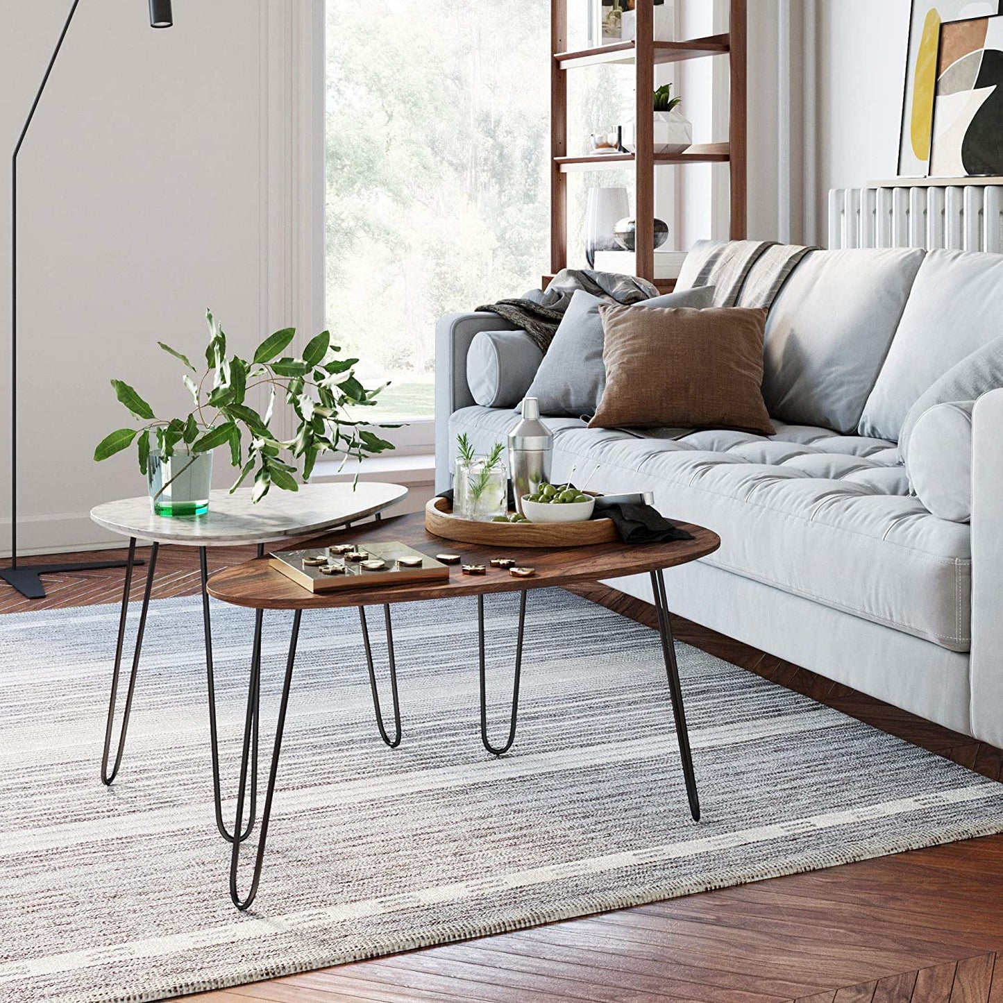 Coffee Table Set: Coffee Table Set of 2, Stacking Side or End for Living Room , Wood Finish and Black Metal Legs