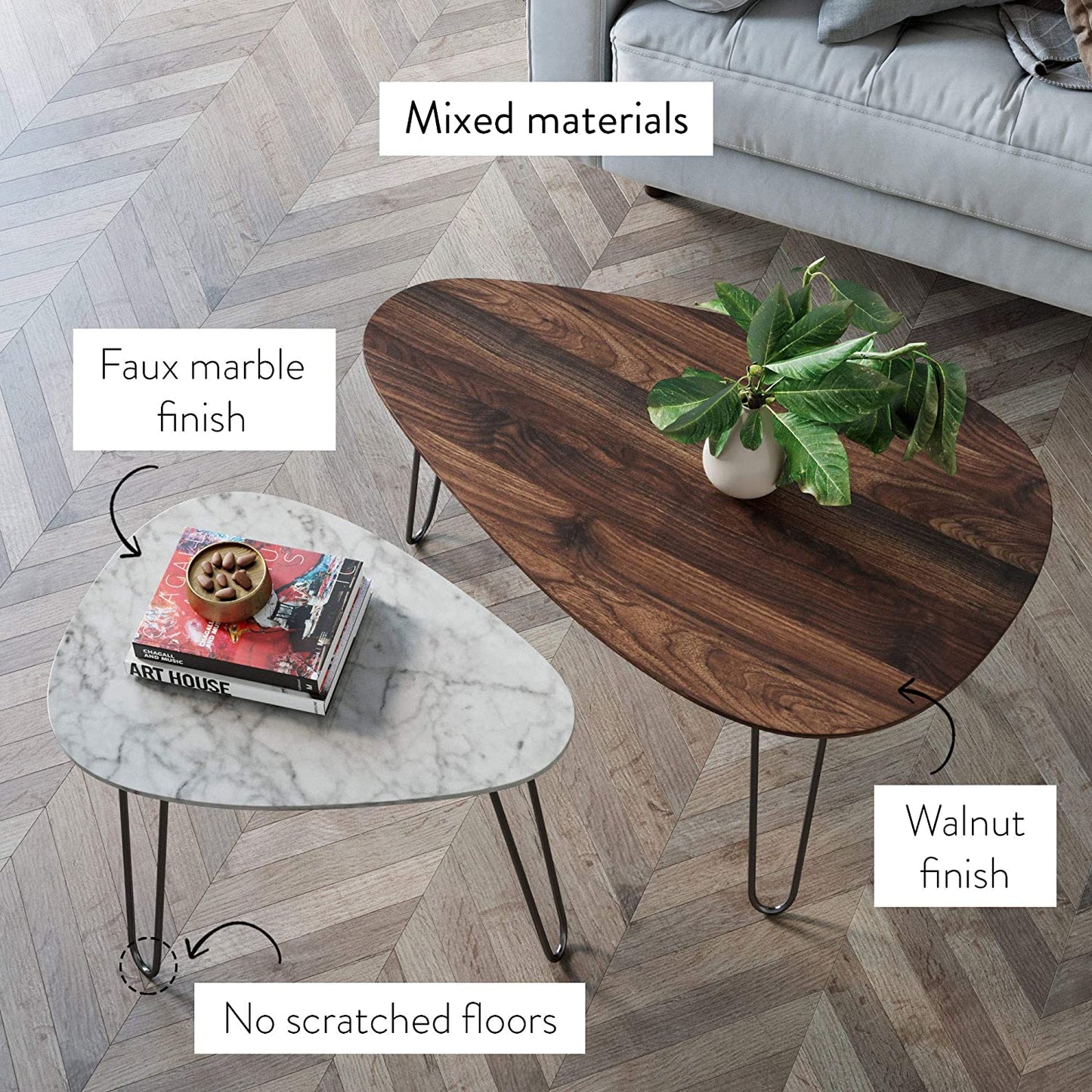Coffee Table Set: Coffee Table Set of 2, Stacking Side or End for Living Room , Wood Finish and Black Metal Legs