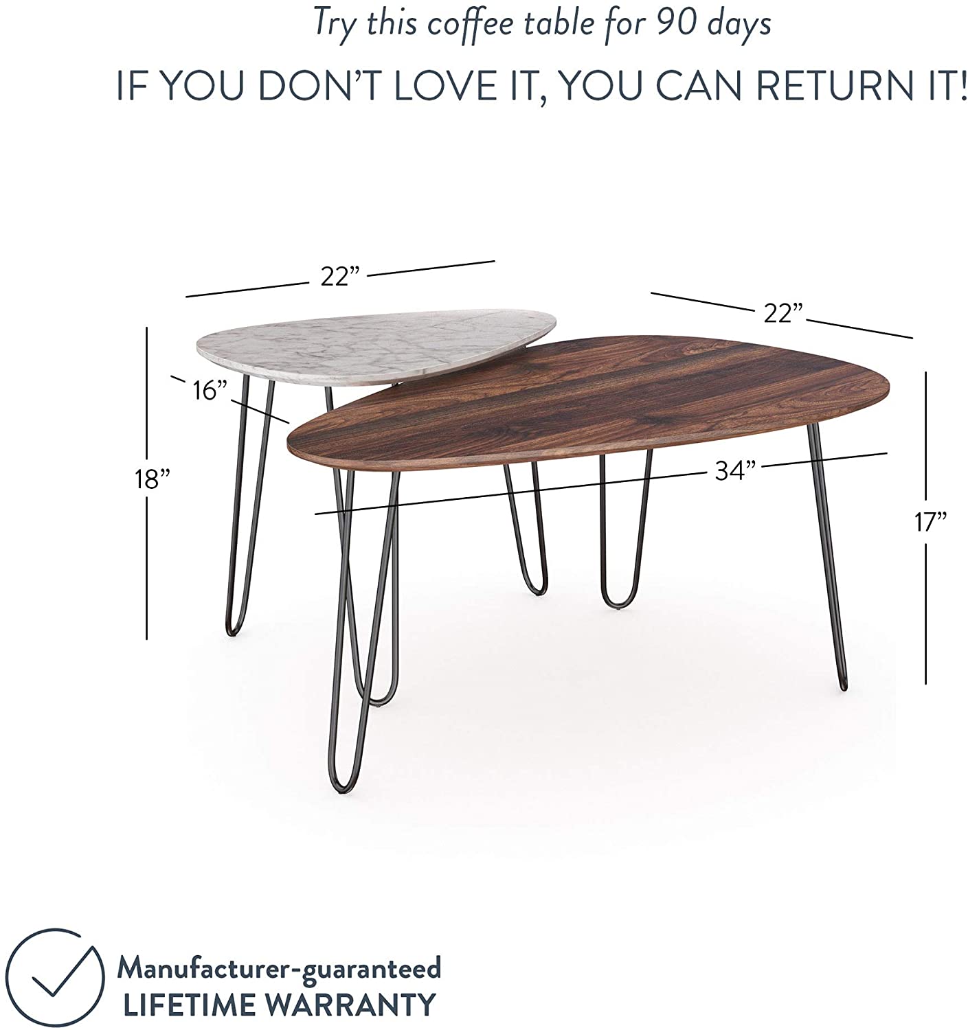 Coffee Table Set: Coffee Table Set of 2, Stacking Side or End for Living Room , Wood Finish and Black Metal Legs