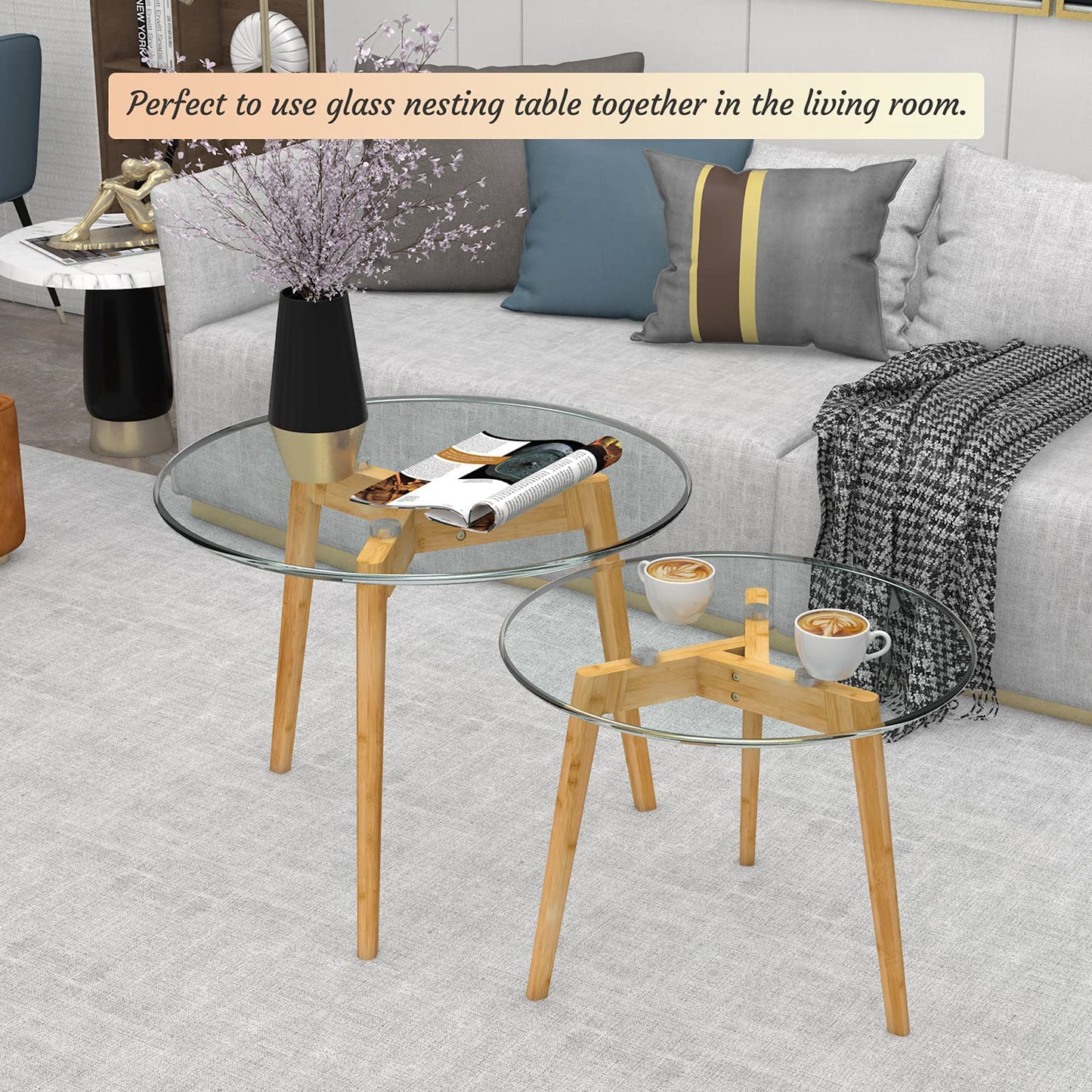 Nest Of Table Table Set of 2, Glass End Table for Living Room Side Table for Bedroom Round Modern Coffee Table