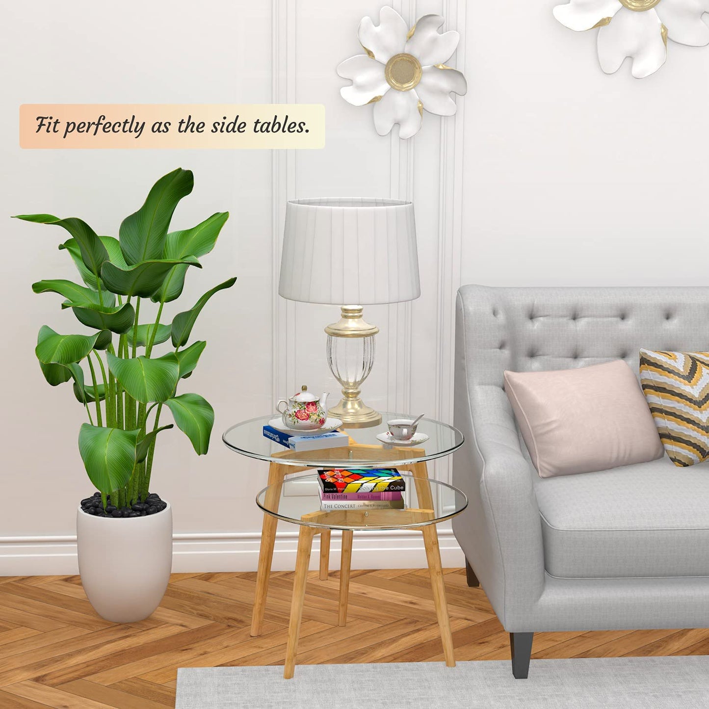 Nest Of Table Table Set of 2, Glass End Table for Living Room Side Table for Bedroom Round Modern Coffee Table