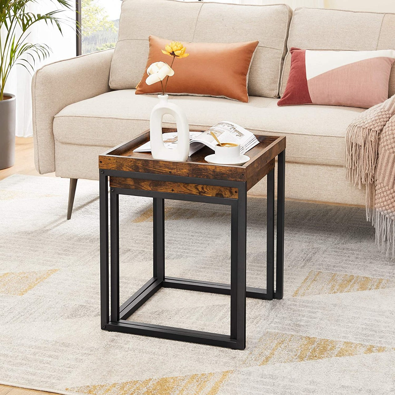 Nest Of Tables: 2 Side Tables, End Tables with Raised Edges, Coffee Tables for Living Room, Industrial Rustic Brown and Black