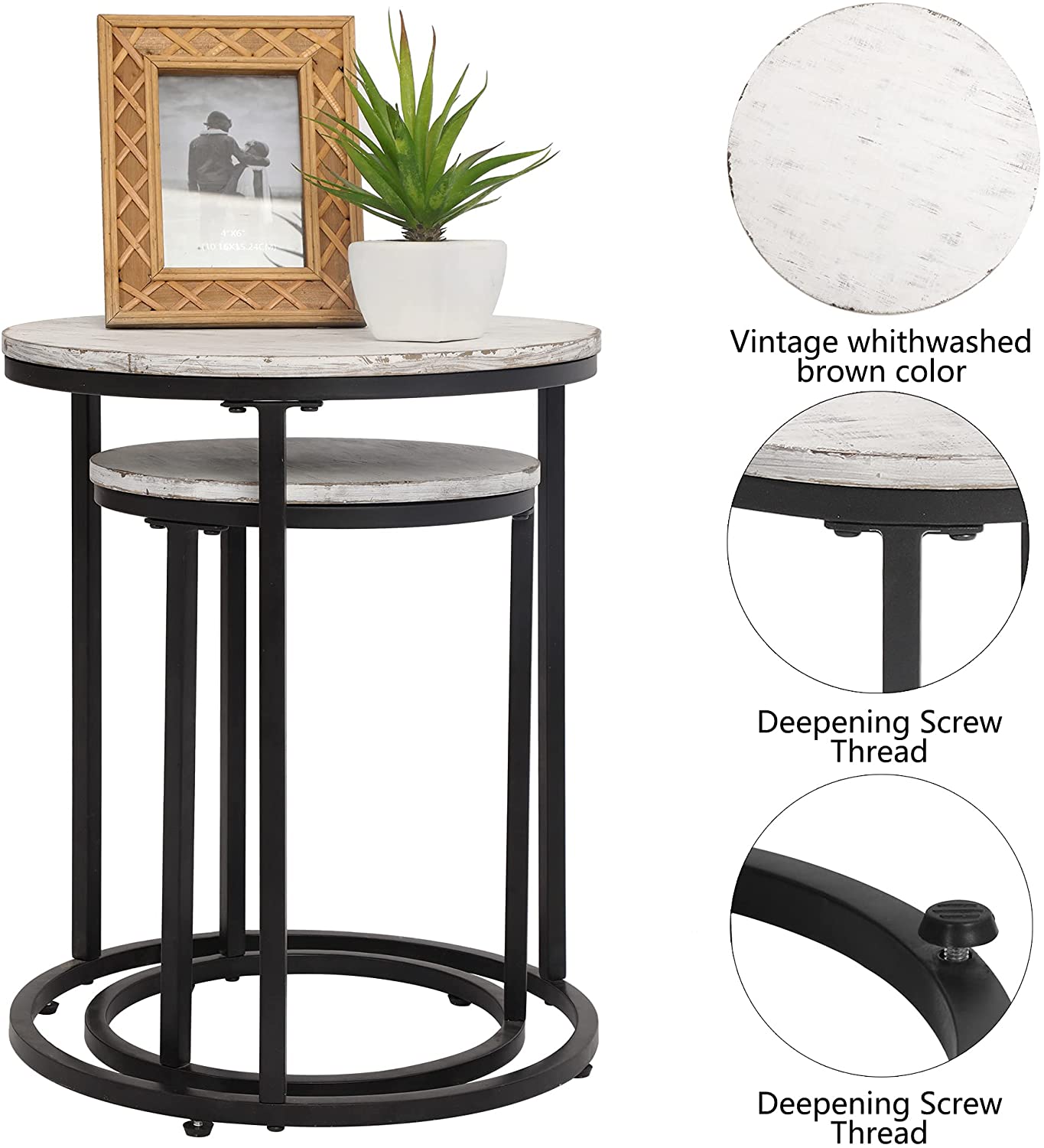 Nest Of Tables Coffee Tables Set of 2, Industrial Wooden Farmhouse Side Table with Sturdy Metal Legs for Balcony Living Room, Large