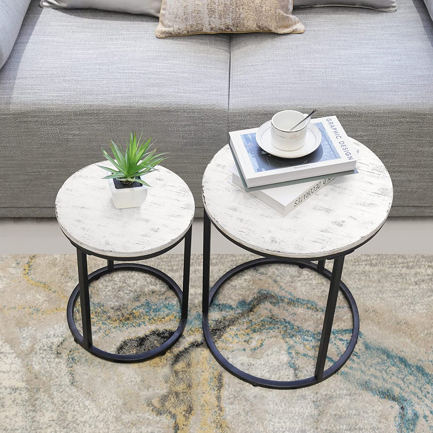 Nest Of Tables Coffee Tables Set of 2, Industrial Wooden Farmhouse Side Table with Sturdy Metal Legs for Balcony Living Room, Large