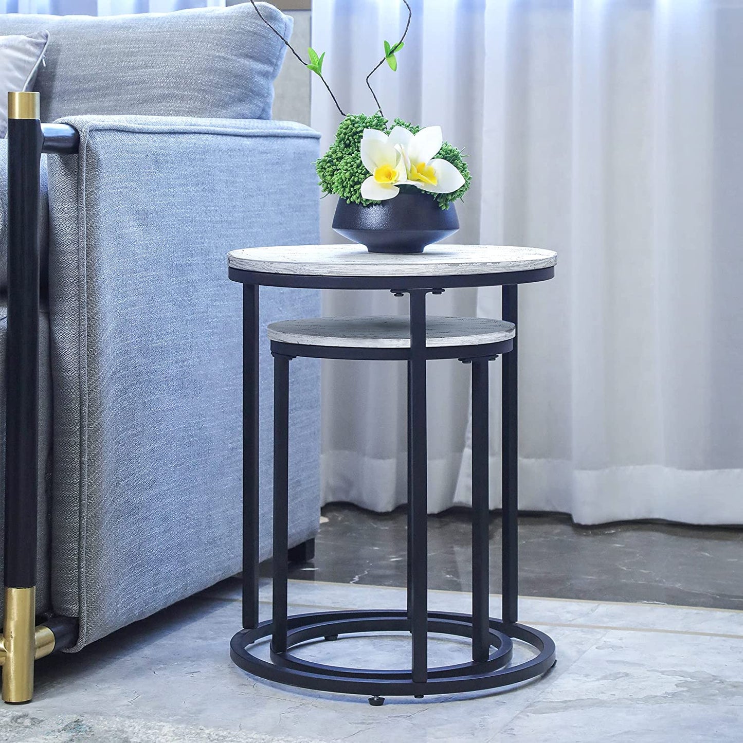 Nest Of Tables Coffee Tables Set of 2, Industrial Wooden Farmhouse Side Table with Sturdy Metal Legs for Balcony Living Room, Large
