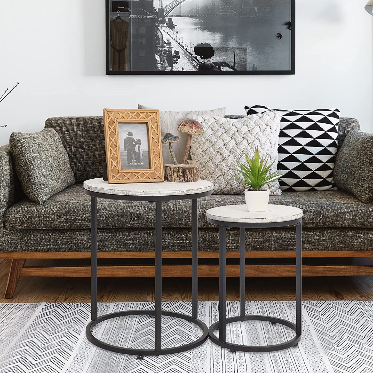 Nest Of Tables Coffee Tables Set of 2, Industrial Wooden Farmhouse Side Table with Sturdy Metal Legs for Balcony Living Room, Large