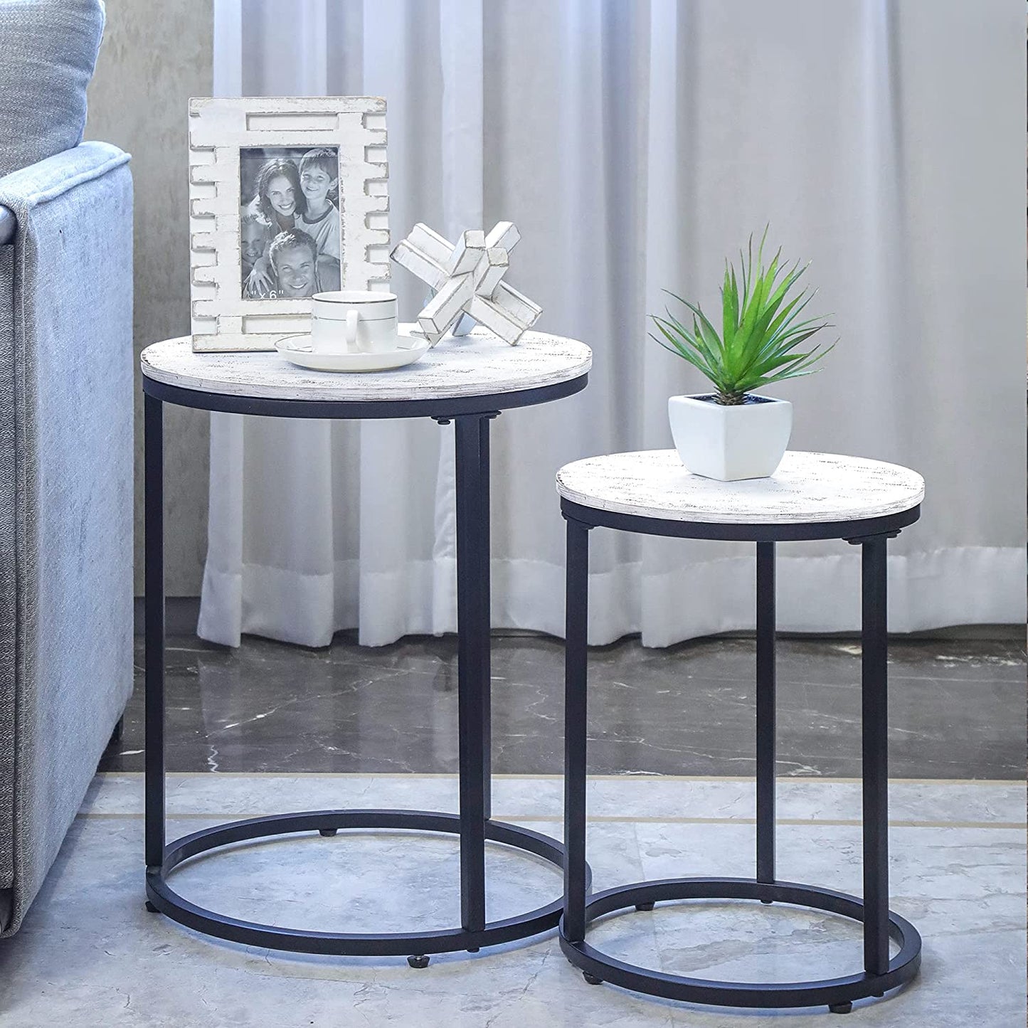 Nest Of Tables Coffee Tables Set of 2, Industrial Wooden Farmhouse Side Table with Sturdy Metal Legs for Balcony Living Room, Large