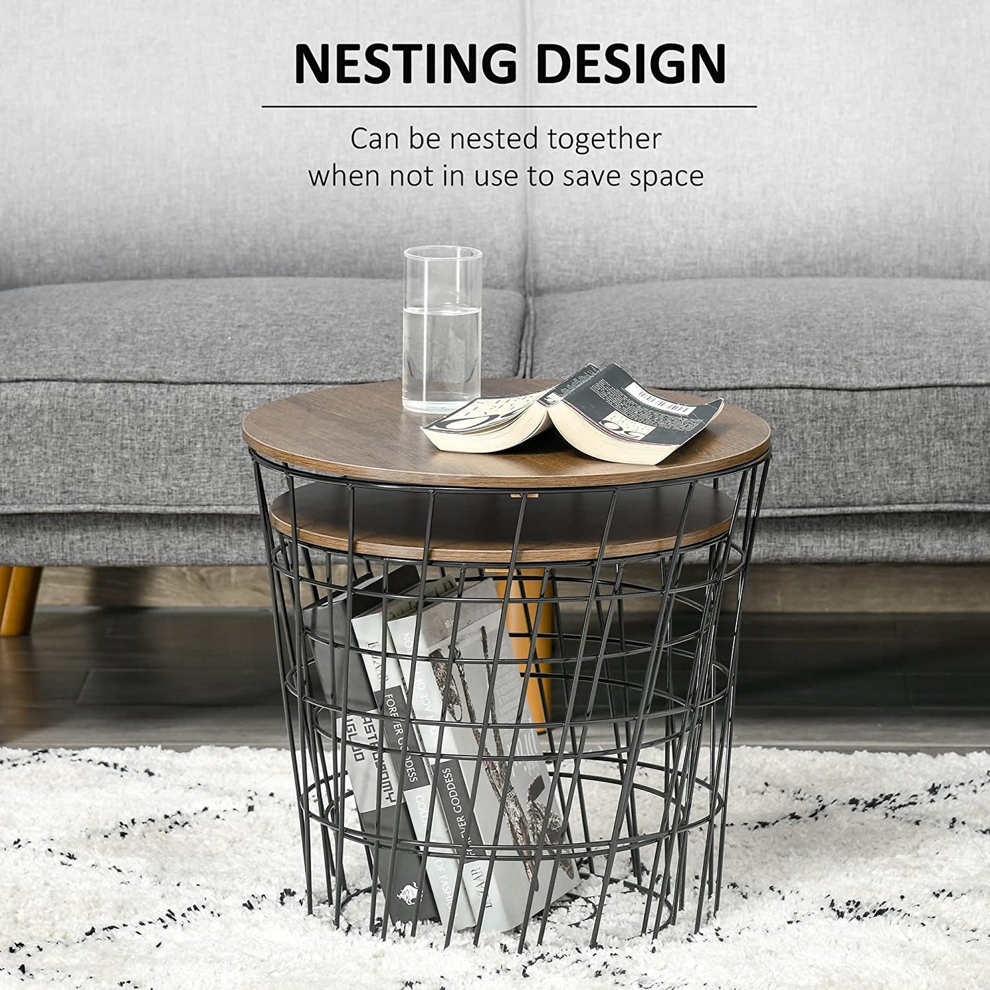 Nest Of Tables: Nesting Tables with Metal Frame, Modern Wood End Table Set, Living Room Side Tables (Oak, Set of 3)