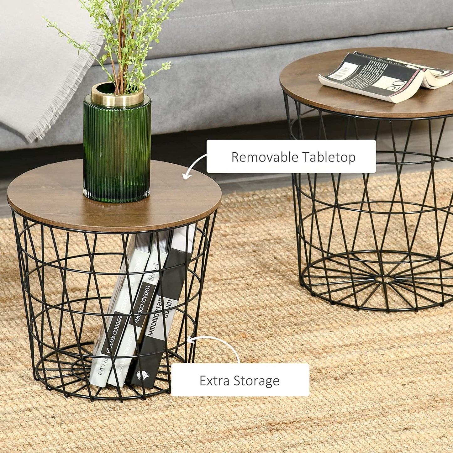 Nest Of Tables: Nesting Tables with Metal Frame, Modern Wood End Table Set, Living Room Side Tables (Oak, Set of 3)