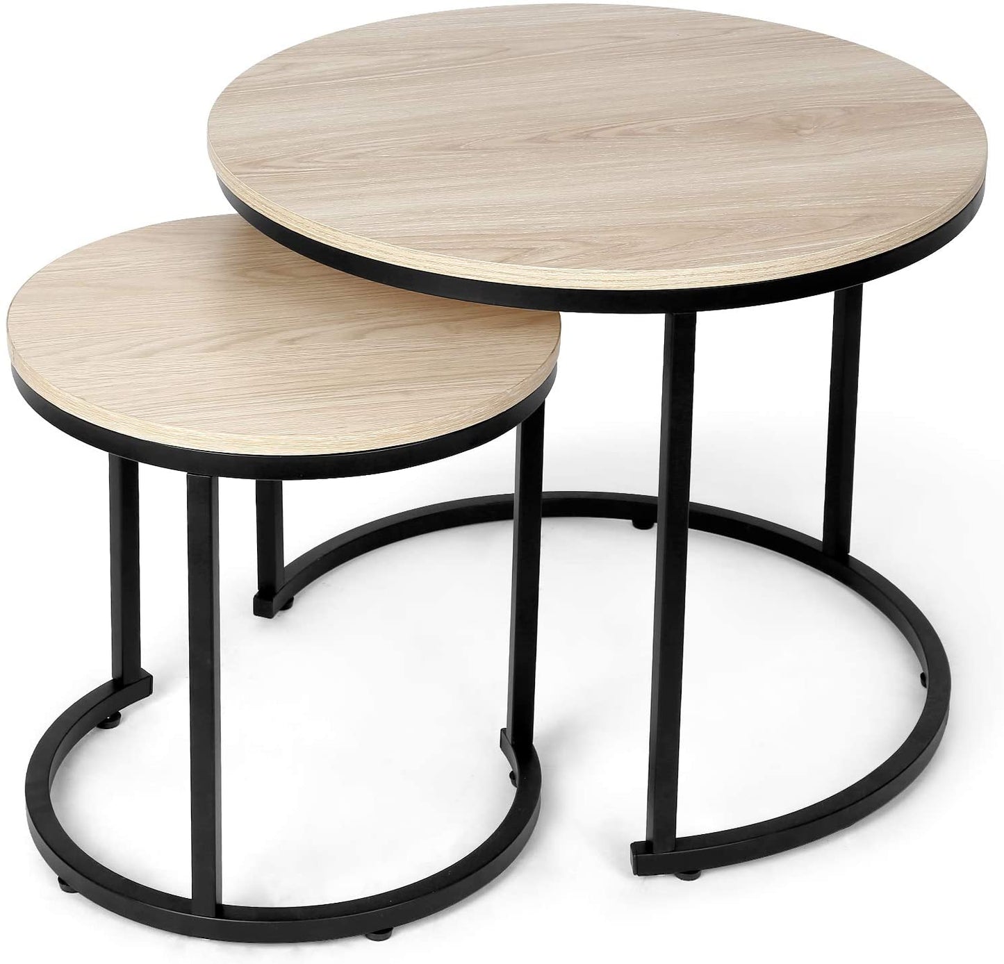 Nest Of Tables: Set of 2 for Living Room, Balcony, Garden, Round Table with Wood Side, Sturdy Metal Frame
