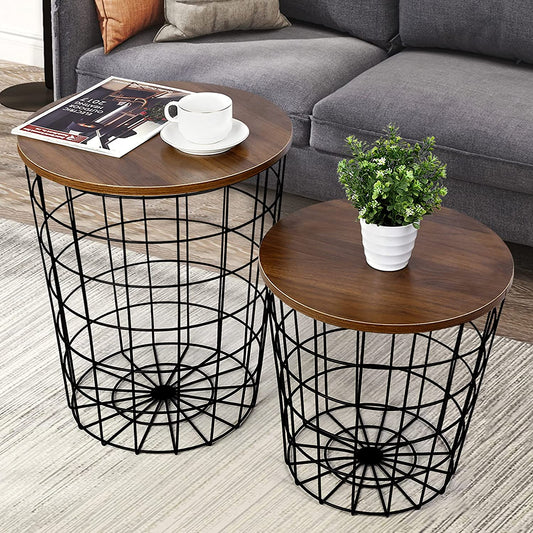 Nest Of Tables Set of 2 Convertible Round Metal Basket Living Room Storage with Wood Tabletop, Accent Side Table with Storage