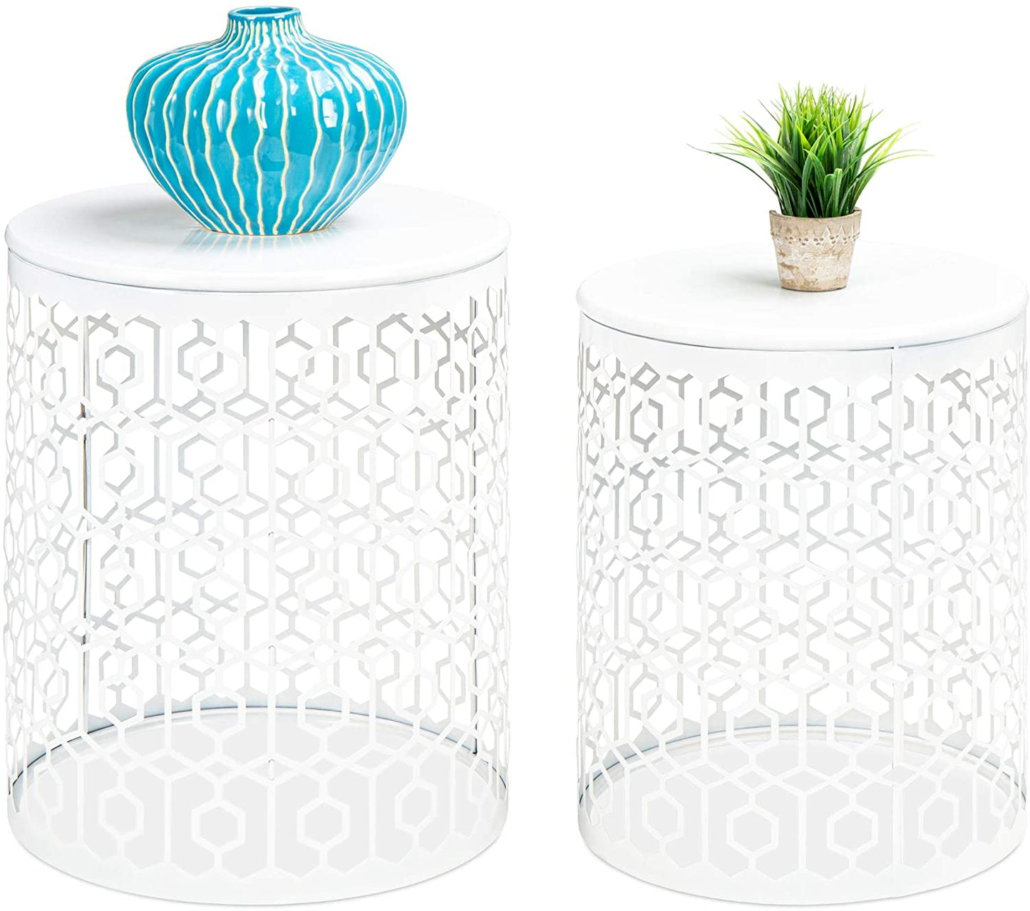 Nest Of Tables Set of 2 Decorative Round End Tables Nightstands, Coffee Side Tables for Living Room Bedroom Office, Nesting - White