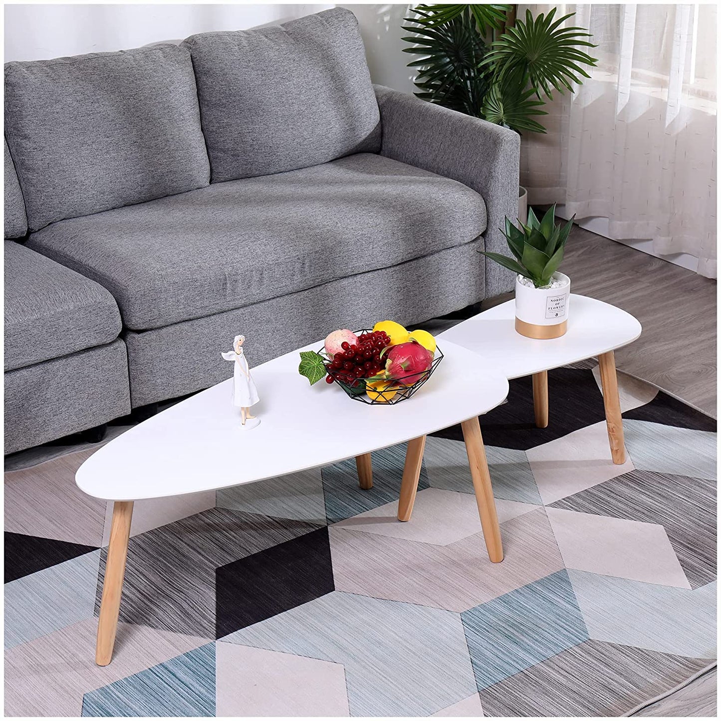 Nest Of Tables Set of 2 Drop Shape Table, Triangle Table, Oval Table, Contemporary Style Leisure Tea Table Cocktail Table, White