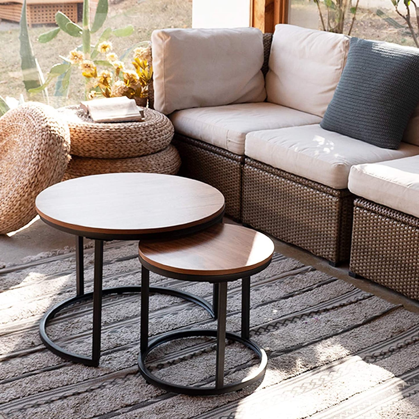 Nest Of Tables Set of 2 End Table Top Sturdy Metal Frame Wood Desk Centerpiece Living Room Bedroom Apartment Modern Industrial Simple