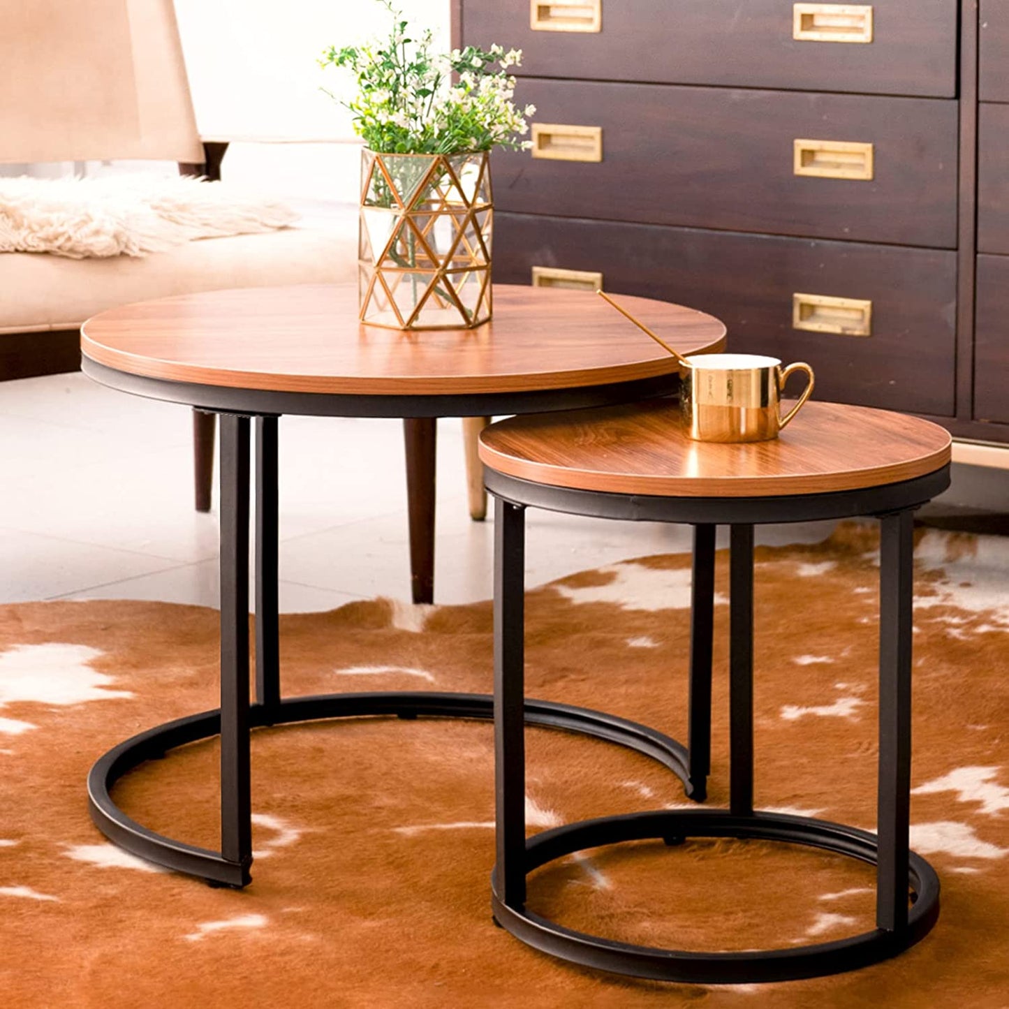 Nest Of Tables Set of 2 End Table Top Sturdy Metal Frame Wood Desk Centerpiece Living Room Bedroom Apartment Modern Industrial Simple