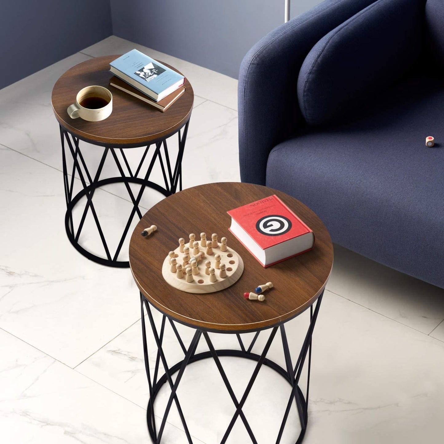 Nest Of Tables: Set of 2 Industrial Nesting Coffee Tables with Wood and Metal Frame, Modern Nightstand for Living Room Bedroom Office, Easy to Storage