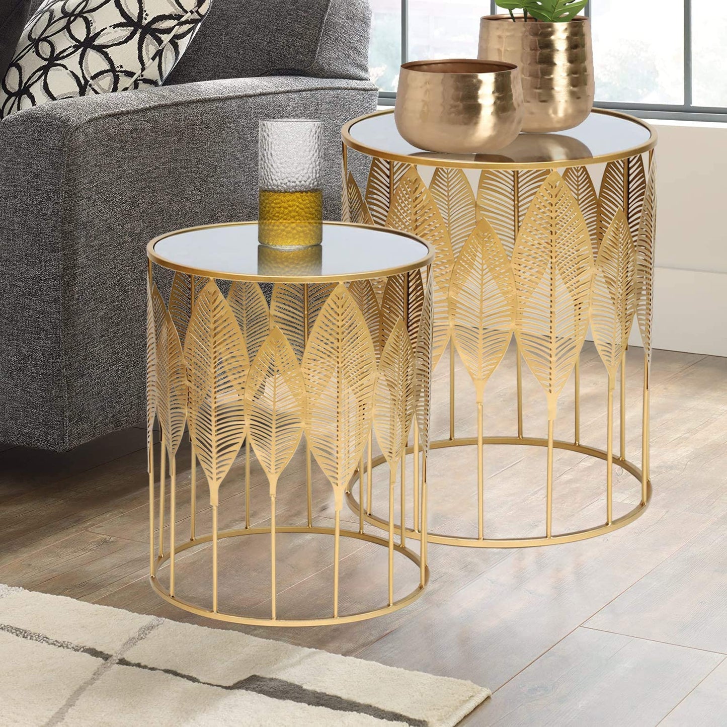 Nest Of Tables : Set of 2 Light Gold Coffee Tables Round Nightstands Stools