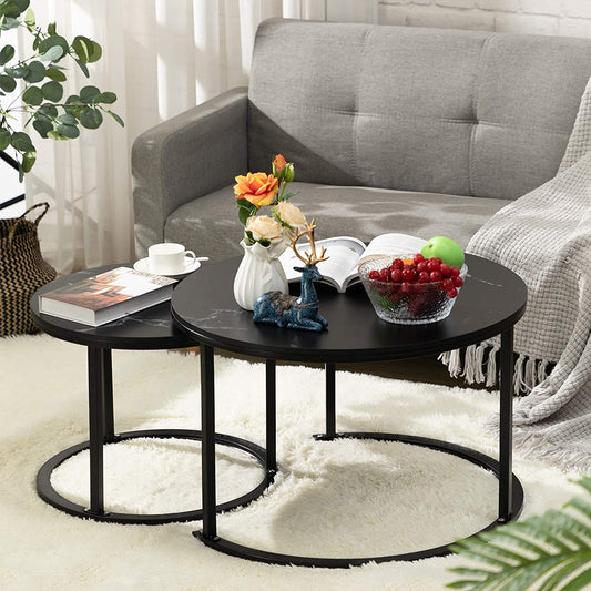Nest Of Tables Table Set of 2, Wood Coffee and Snack End Table with Metal Frame, Accent Tea Table for Living Room