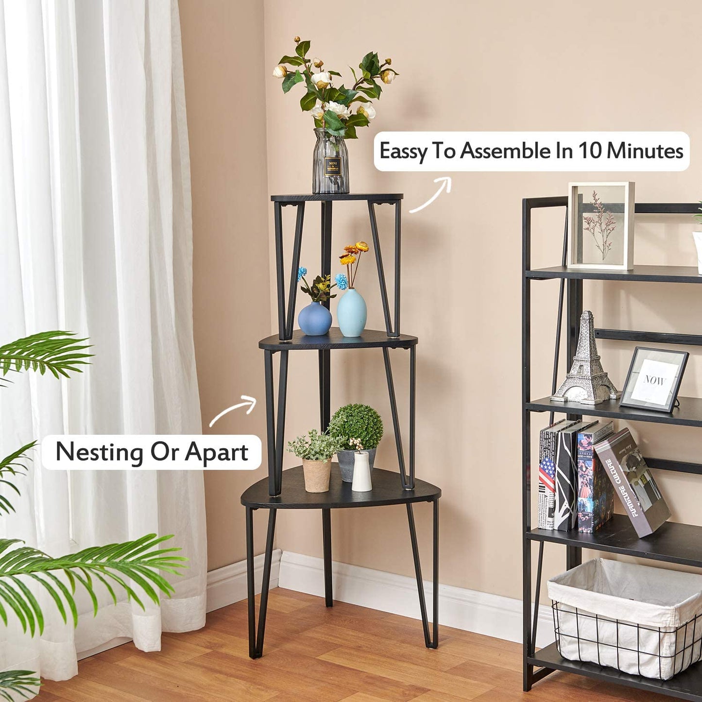 Nest Of Tables Table Sets of 3 Stacking End Side Tables Nightstands Vintage Night Tables for Bedroom Home Office, Black Wood