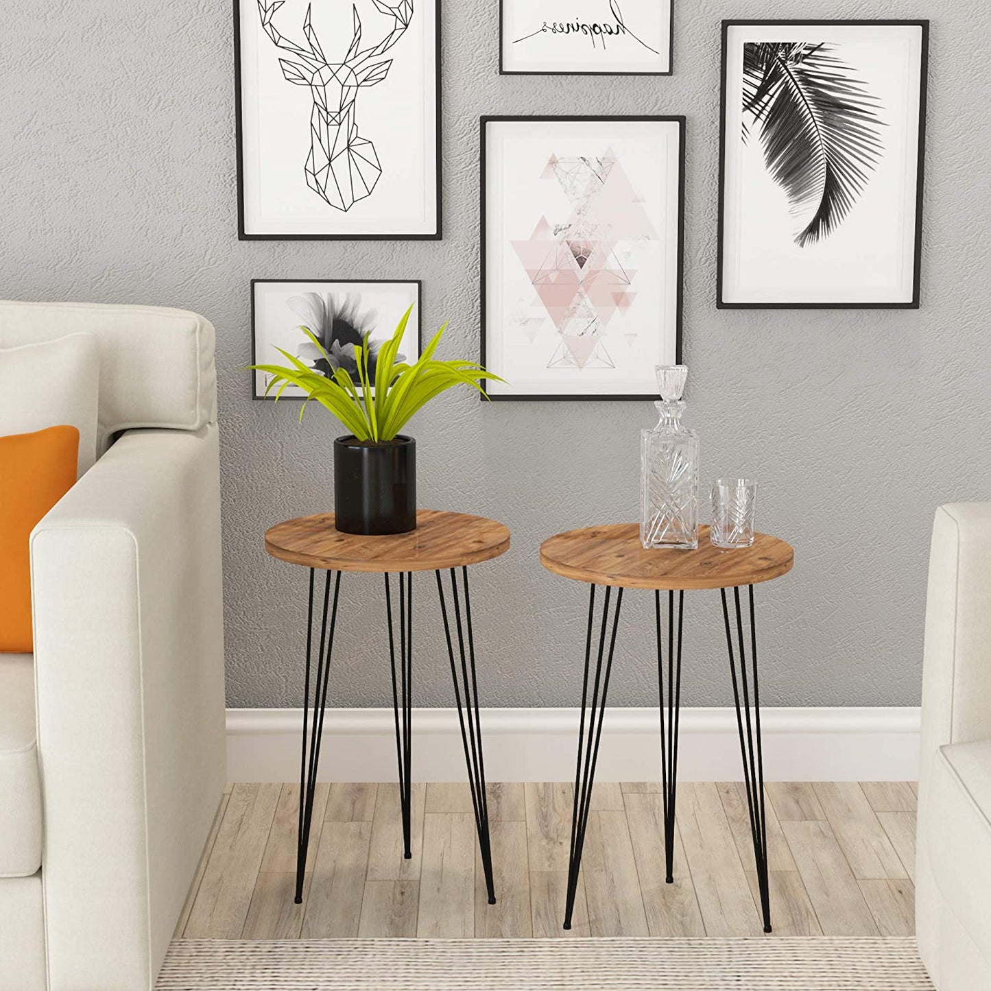 Nest Of Tables Tables for Small Spaces, Nightstand Bedside Table with Metal Legs for Bedroom, Living Room, Office, Balcony - Sturdy & Easy Assembly, Pine Wood