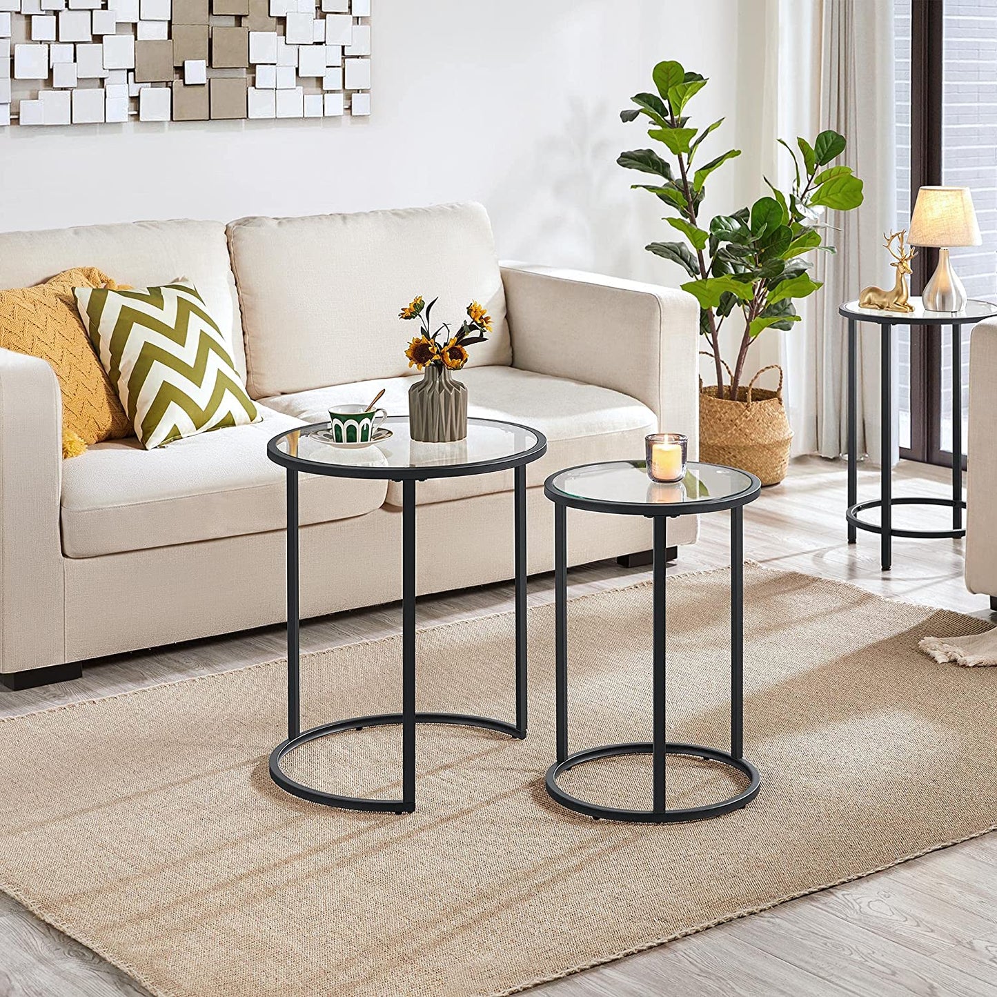 Nest Of Tables Top & Protective Foot Pads for Small Space, Living Room, Office- Black