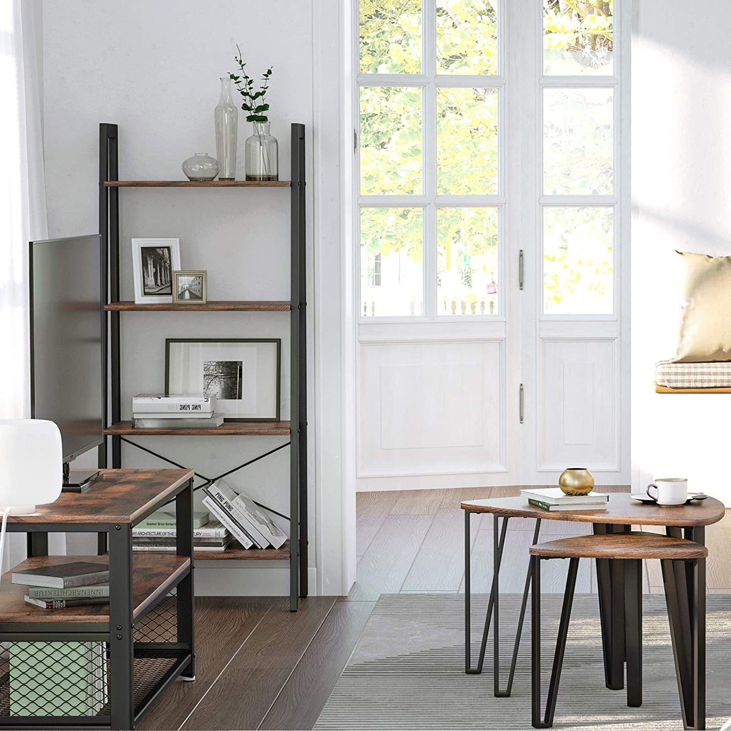 Nest Of Tables Wood Look Accent Furniture with Metal Frame, Rustic Brown and Black
