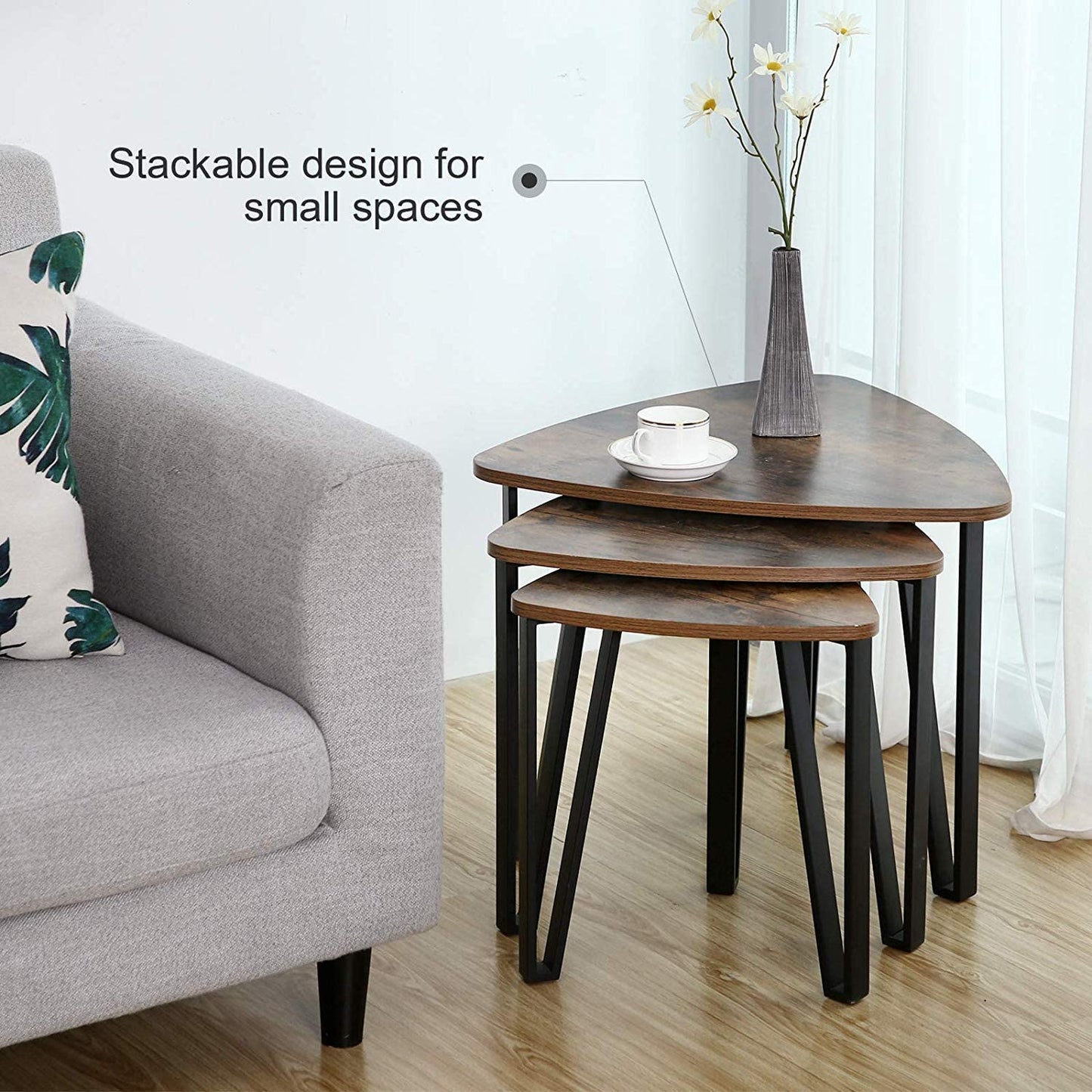 Nest Of Tables Wood Look Accent Furniture with Metal Frame, Rustic Brown and Black