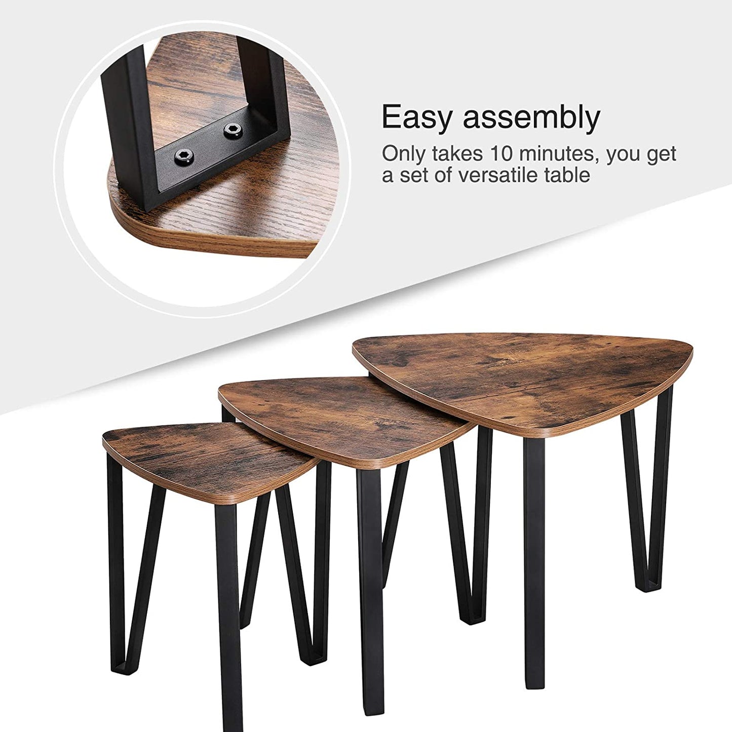 Nest Of Tables Wood Look Accent Furniture with Metal Frame, Rustic Brown and Black