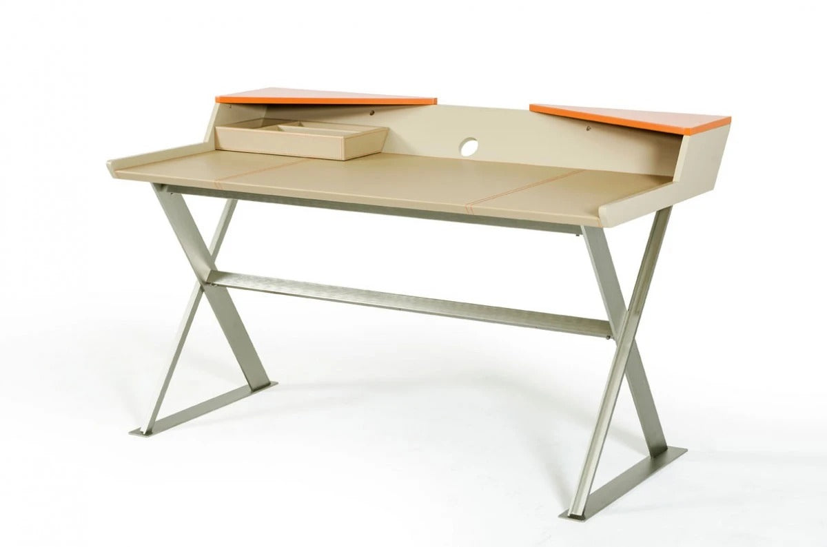 Office Desk: Beige Leatherette and Orange Office Desk