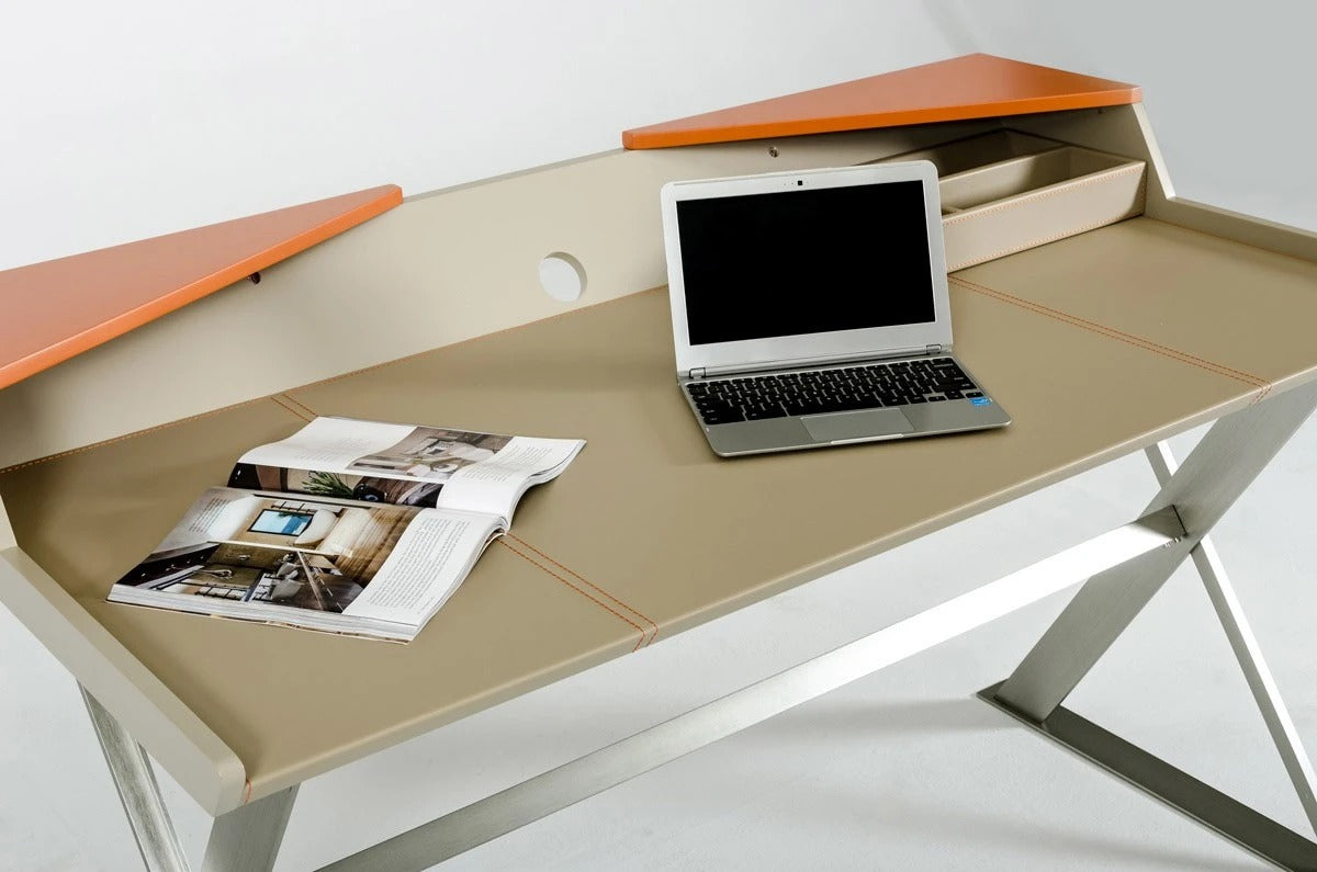 Office Desk: Beige Leatherette and Orange Office Desk
