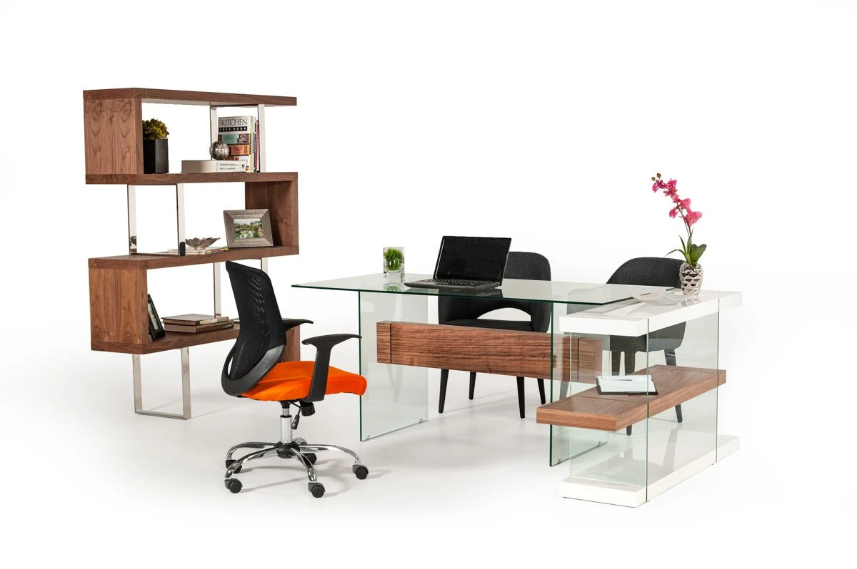 Office Desk : Contemporary White & Walnut Desk & Shelves