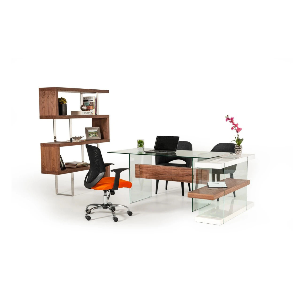 Office Desk Contemporary White & Walnut Desk & Shelves