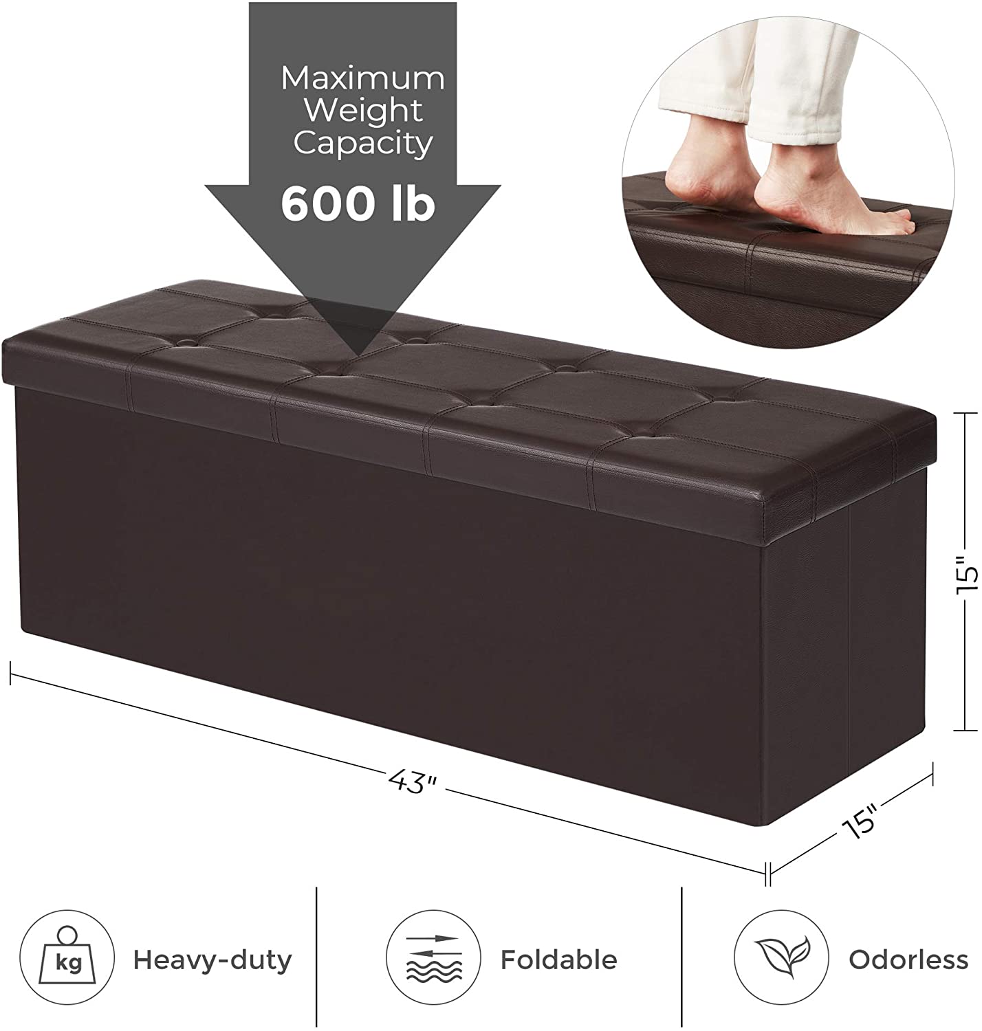 Ottomans : 43 Inches Folding Ottoman Bench, Storage Chest Footrest Padded Seat