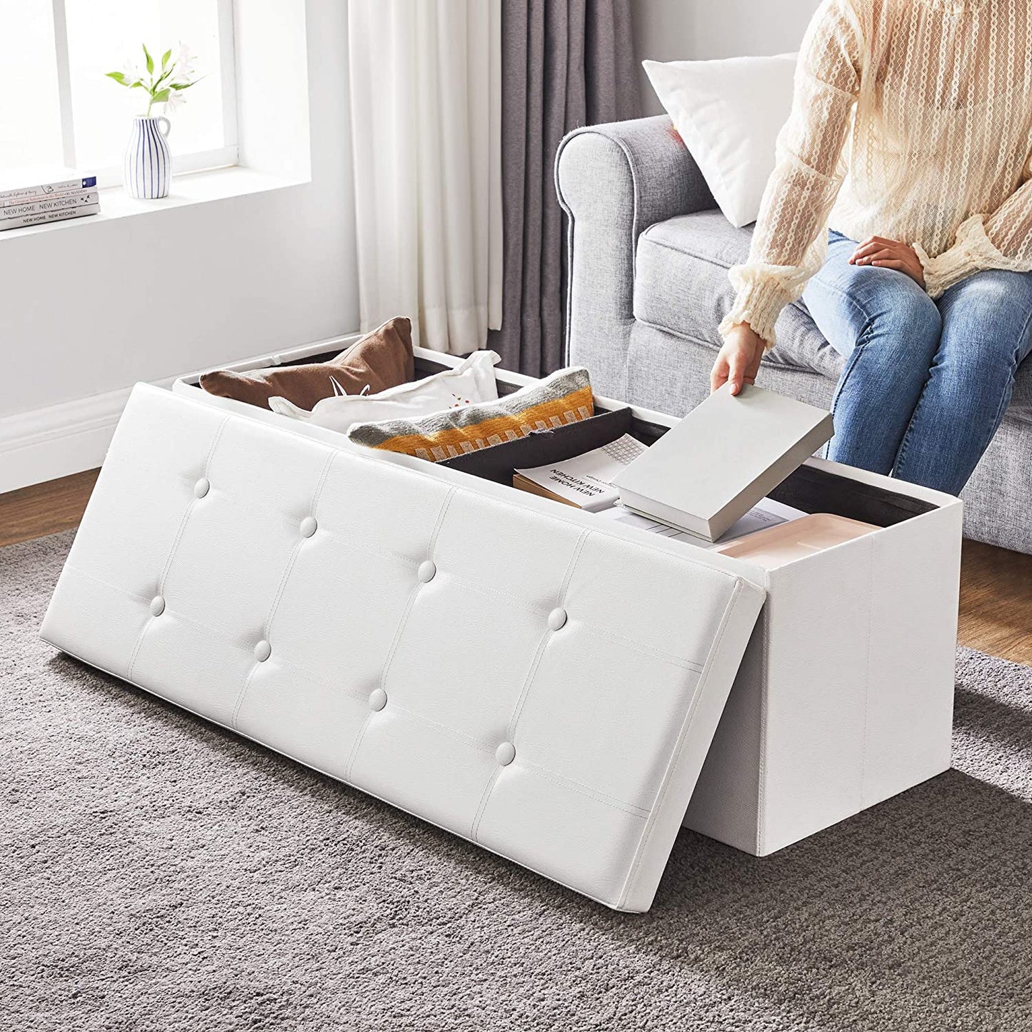 Ottomans : 43 Inches Folding Ottoman Bench, Storage Chest Footrest Padded Seat