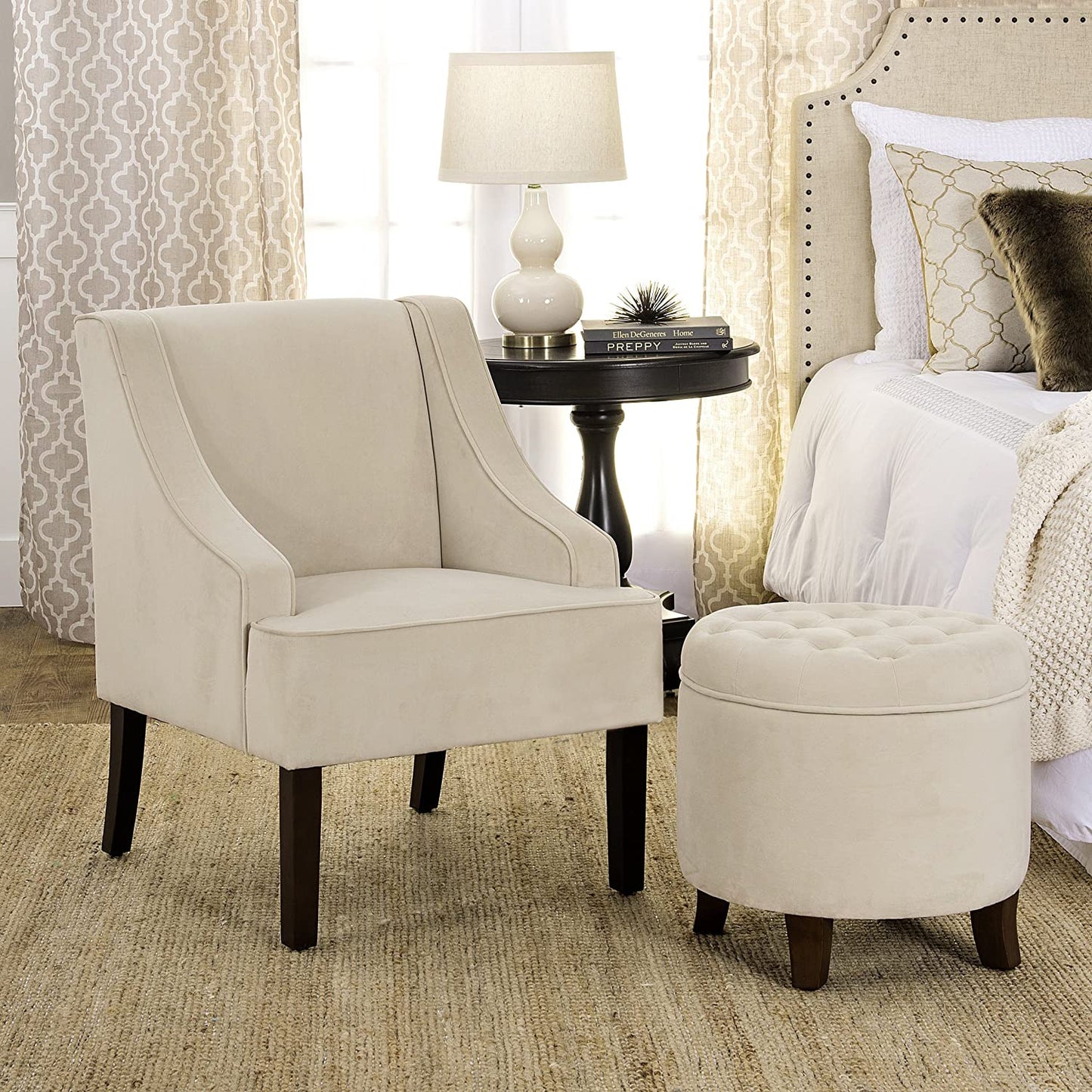Ottomans : Fabric Upholstered Round Storage Ottoman with Removable Lid