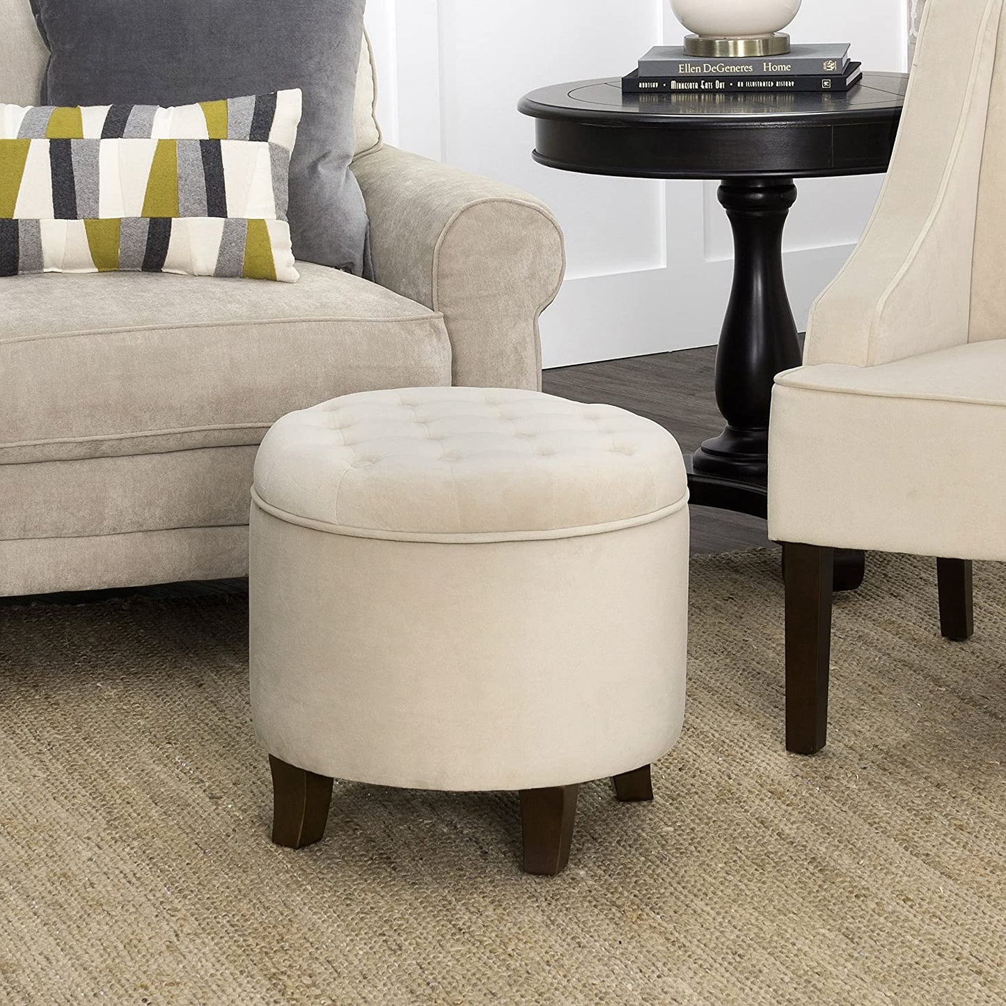 Ottomans : Fabric Upholstered Round Storage Ottoman with Removable Lid