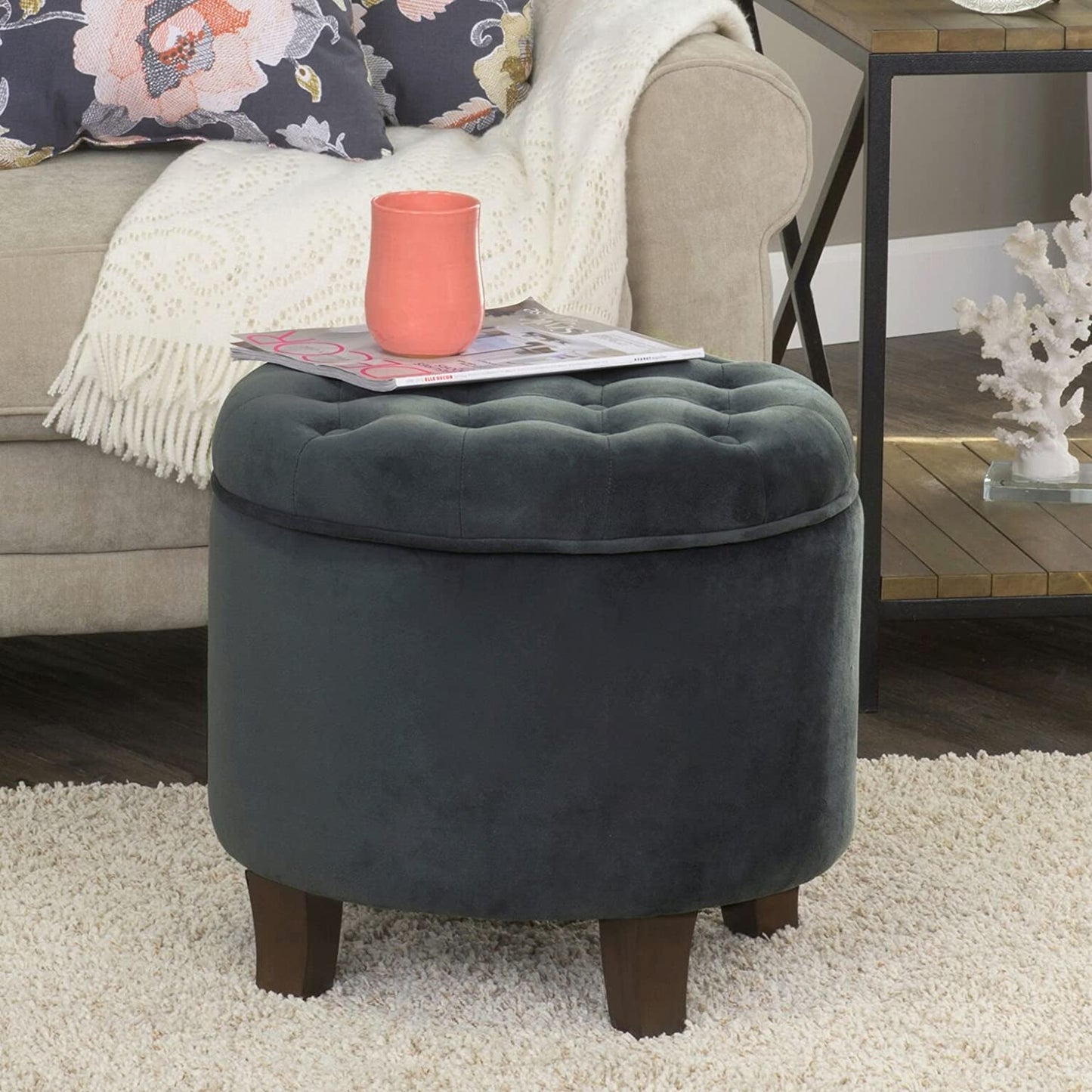 Ottomans : Fabric Upholstered Round Storage Ottoman with Removable Lid